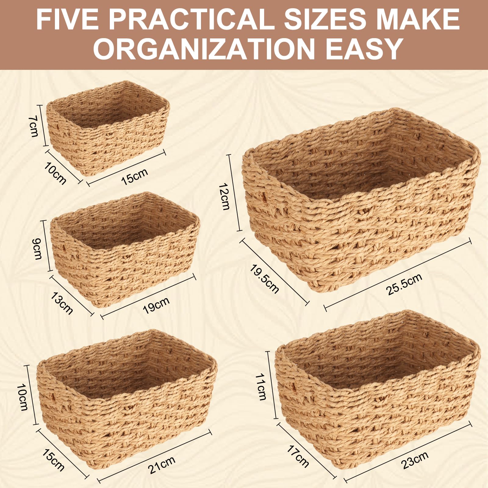 Panier Rangement en Tissée en Corde de Papier 5PCS,Boho Paniers de Décoration,Panier de Rangement Empilable,Pour le salon,la chambre à coucher,la salle de bain et la cuisine