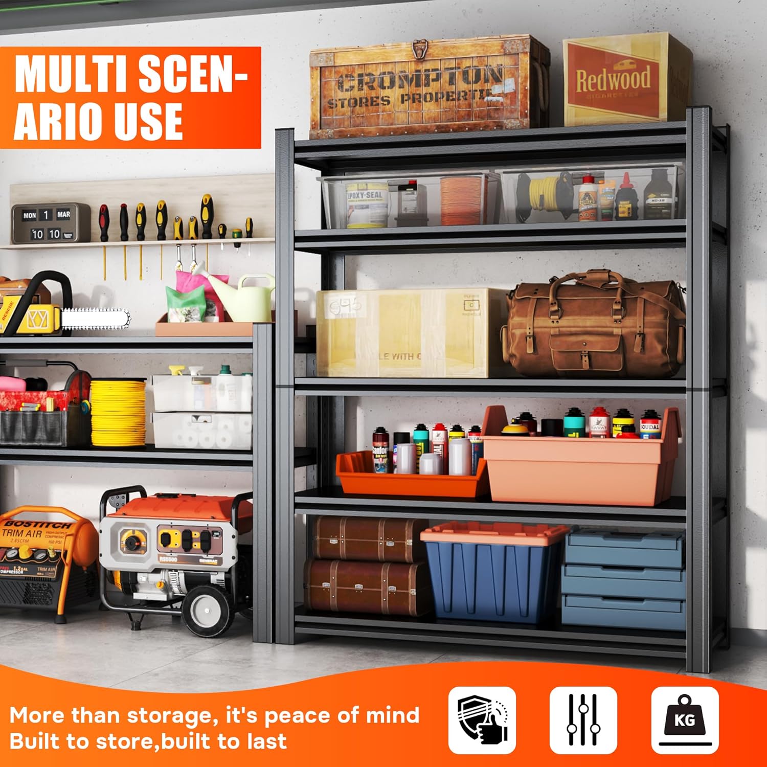 5Tier-Basement & Garage Storage Shelves - Heavy Duty Metal Shelving Units with Adjustable Racks, Suitable for Garage, Basement & Shed, Perfect for Storing Seasonal Items & Tools (63'H*45.3'W*19.7'D)