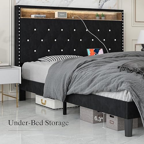 Miniatura 4 de HOMBCK Base de cama tamaño King con luces LED, base de cama LED con estación de carga y cabecero, plataforma tapizada de terciopelo negro, marco de