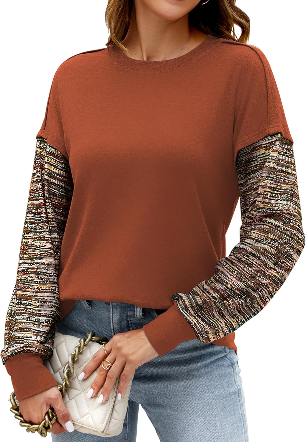 Halife Womens Long Sleeve Tops Casual Crew Neck Cropped Sweatshirts Multi Color Striped Sleeves Loose shirts Fall Outfits Caramel Medium