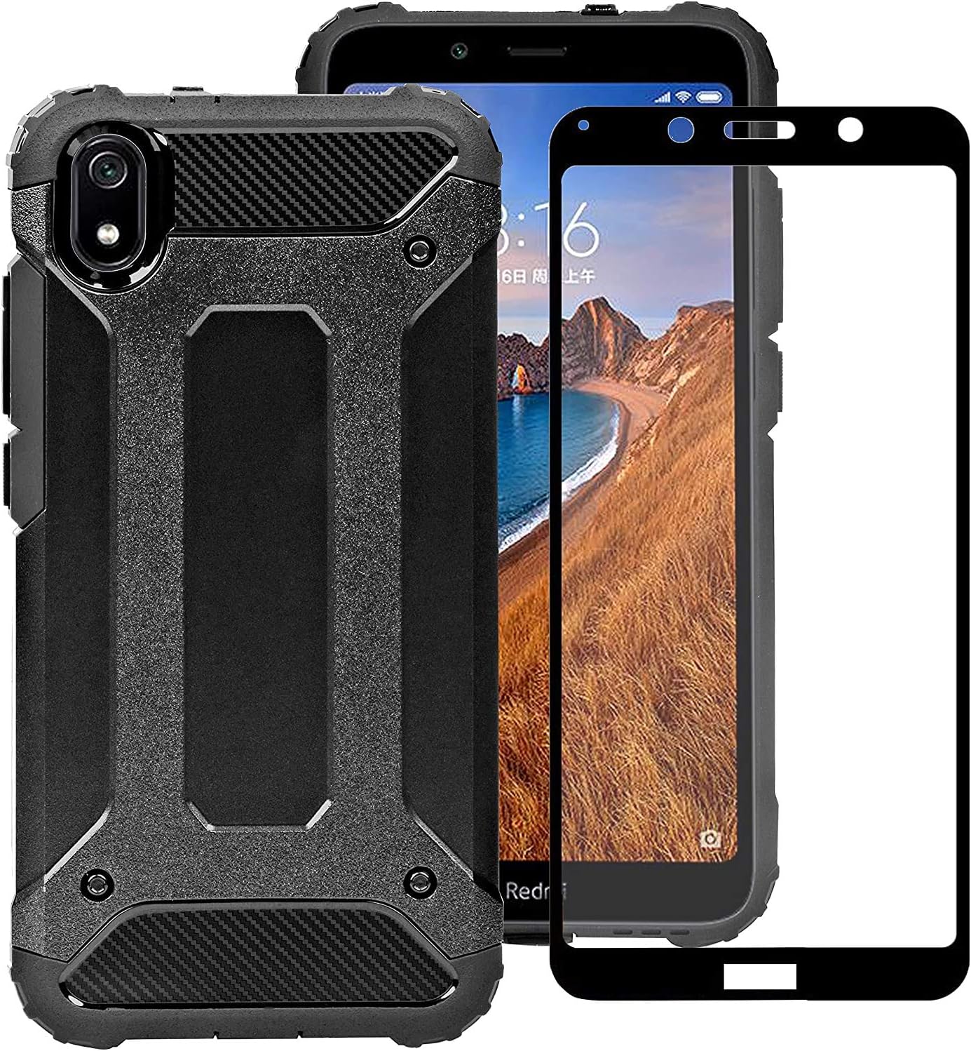 Diman Case for Xiaomi Redmi 7A + Screen Protector, Dual Layer TPU + PC Heavy Duty Protection Shockproof Back Case Cover for Xiaomi Redmi 7A, Black