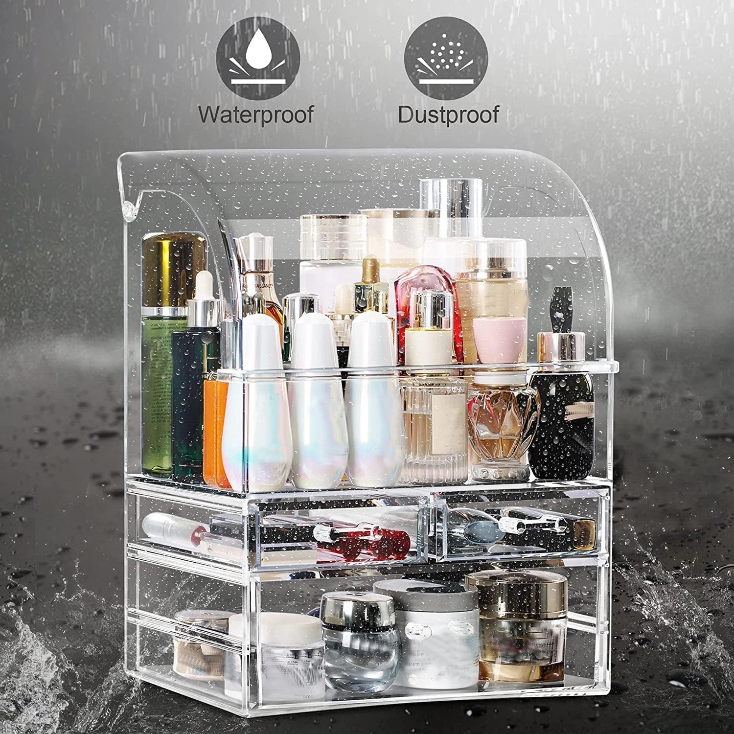 Kousee Make-up-Organizer-Aufbewahrung, extragroße Acryl-Parfüm-Hautpflege-Organizer-Vitrine mit Schubladen, wasserdichte, große, staubdichte Kosmetik-Organizer-Box für Theke, Kommode und Badezimmer