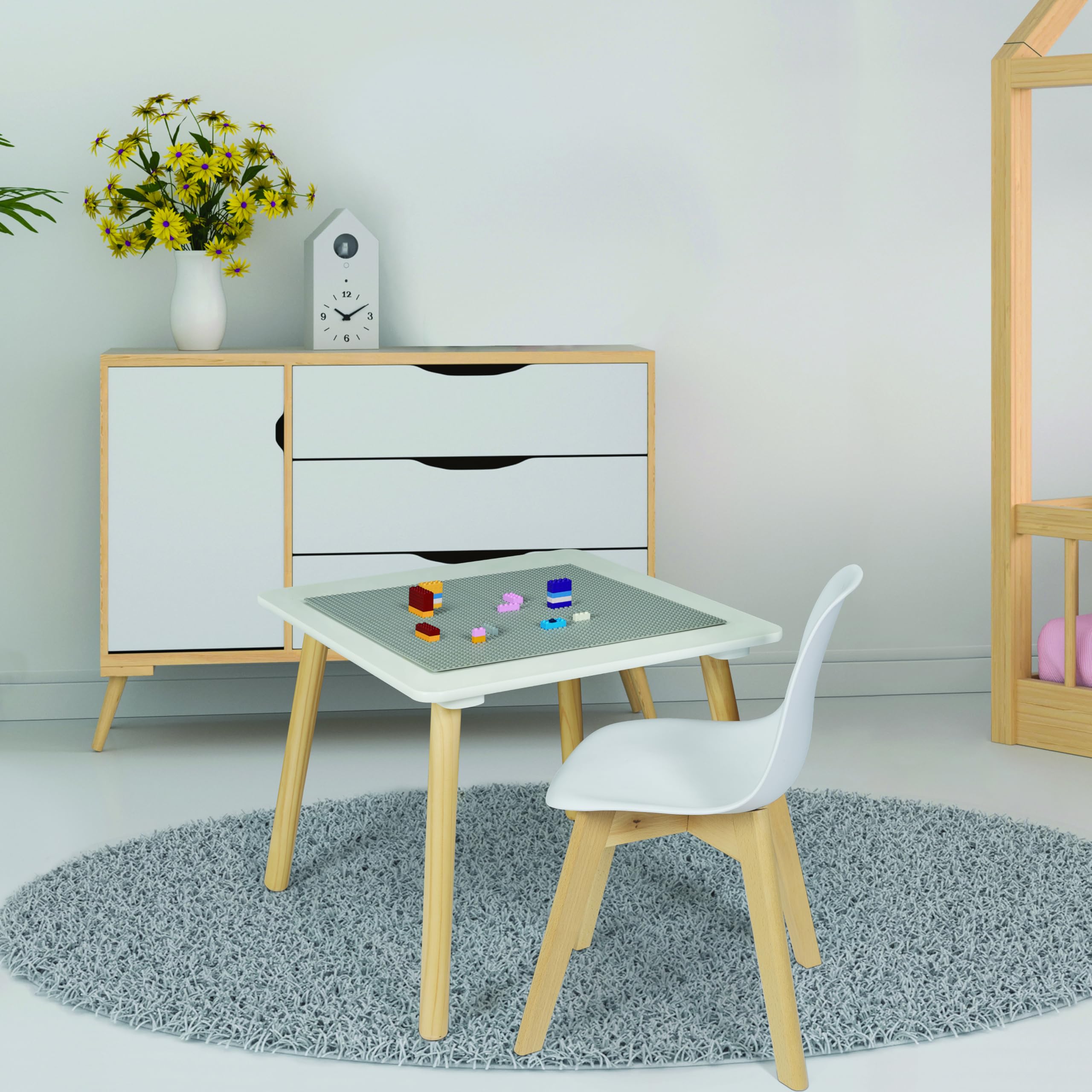 HOME DECO KIDS - HD7126 Table d'Activité pour Enfants - Mobilier de Décoration - Chambre - Matériaux Naturels - 52 x 52 x 44 cm - Blanc/Gris Clair/Bois