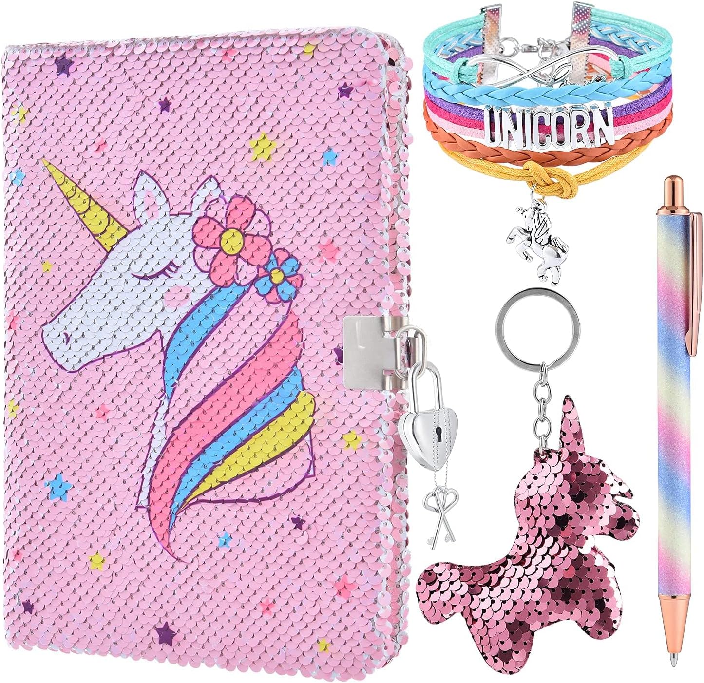 WERNNSAI Sequins pink Journal Set for Girls - pink Kids Diary with Lock Notebook Journal Birthday Christmas Gift DIY A5 Secret Diary pink Gel Pen Bracelet Key-chain with Locks and Keys