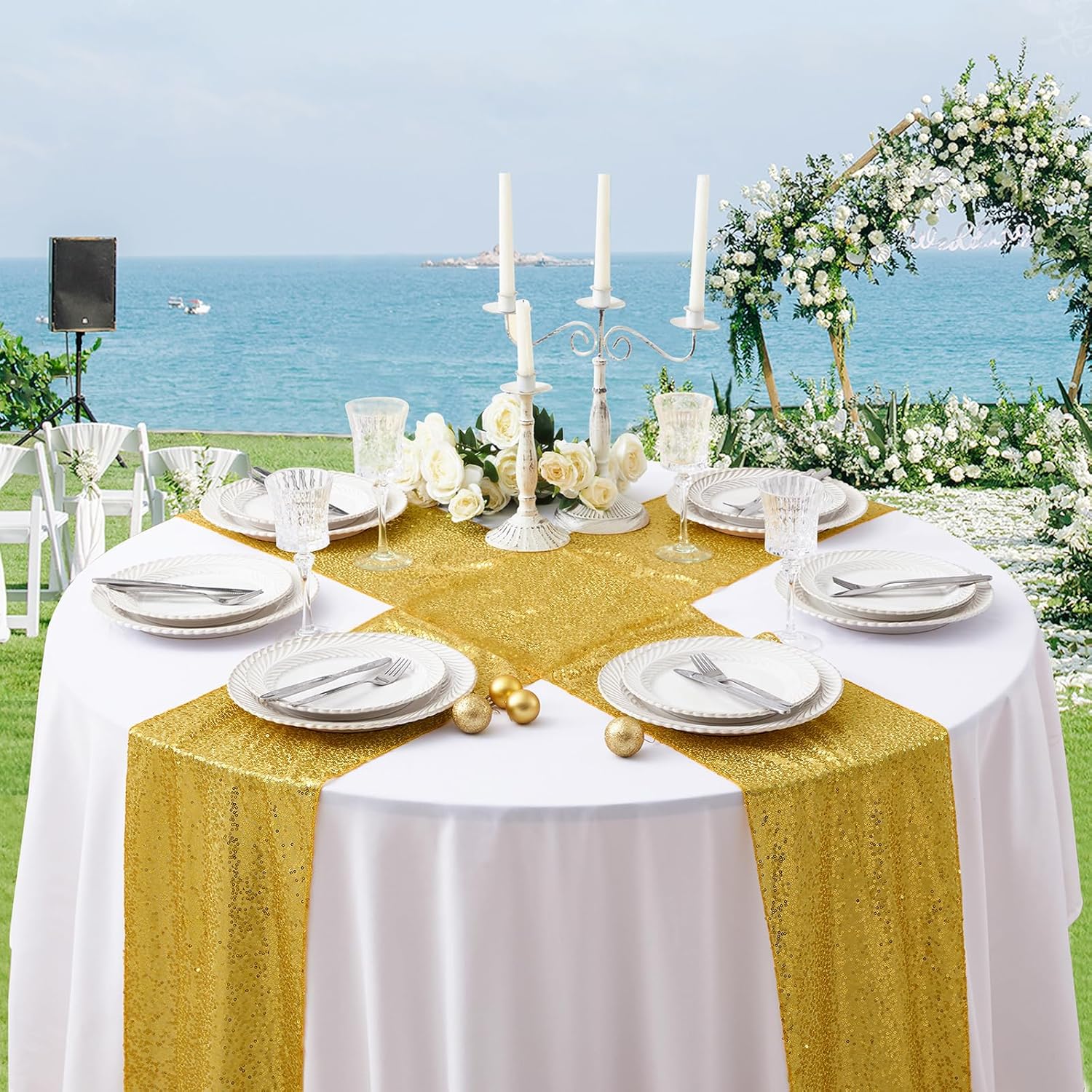 Aormenzy 12 Pack Gold Sequin Table Runner 12" x 72", Glitter Sparkle Sequin Runners for Birthday Party Wedding Banquet & Baby Shower, Party Table Decorations Supplies