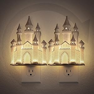 JandCase Night Lights Plug into Wall,2 Pack 3D Printed Castle Night Light,3000K Plug in Nightlight with Dusk to Dawn Sensor,0-100LM Adjustable Brightness for Rooms Bathroom Hallway