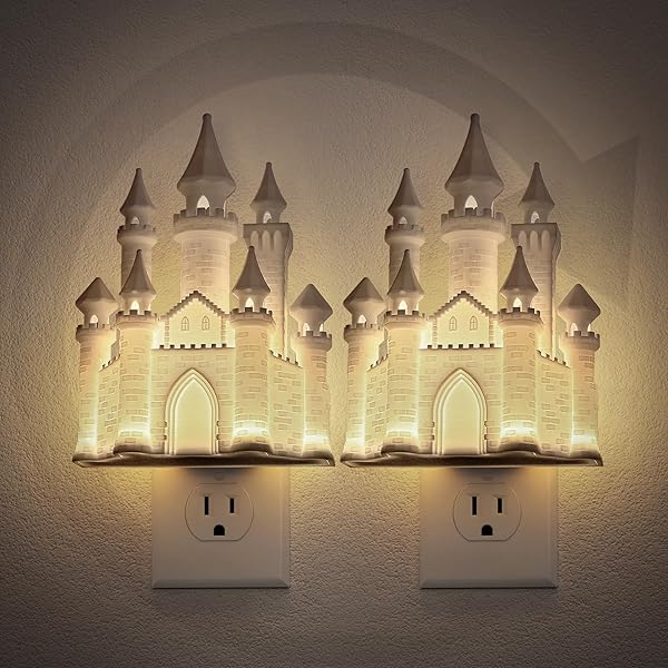 JandCase Night Lights Plug into Wall,2 Pack 3D Printed Castle Night Light,3000K Plug in Nightlight with Dusk to Dawn Sensor,0-100LM Adjustable Brightness for Rooms Bathroom Hallway
