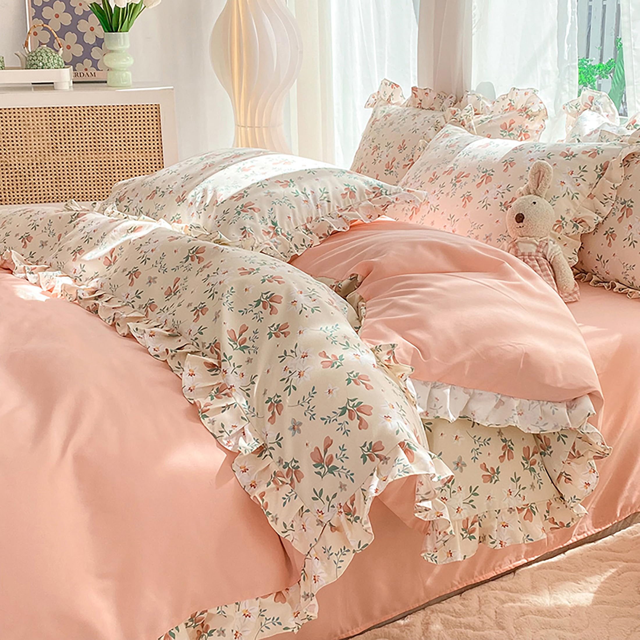 GETIYA Romantisch Rüschen Bettwäsche 135x200 4Teilig Rosa Blumen Bettwäsche Mädchen Damen Blümchen Bettbezug mit Rüschen Weich Mikrofaser Bettwaesche Rosa mit 2 Reißverschluss Kissenbezug 80x80