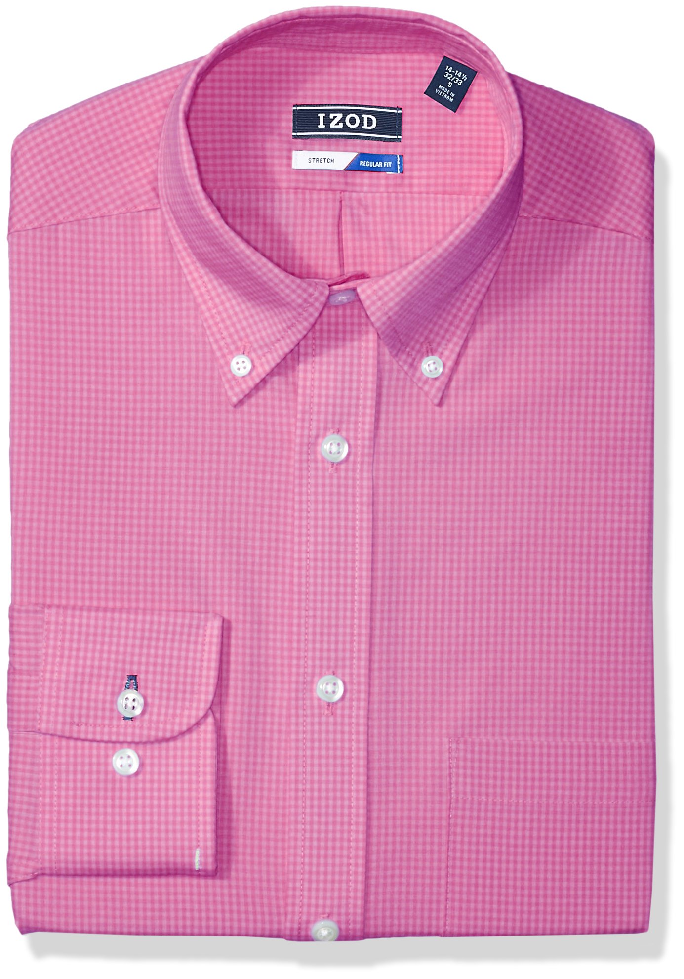 IZOD Mens Dress Shirts Regular Fit Stretch Gingham Bright Rose 15-15 5 Neck 32-33 Sleeve