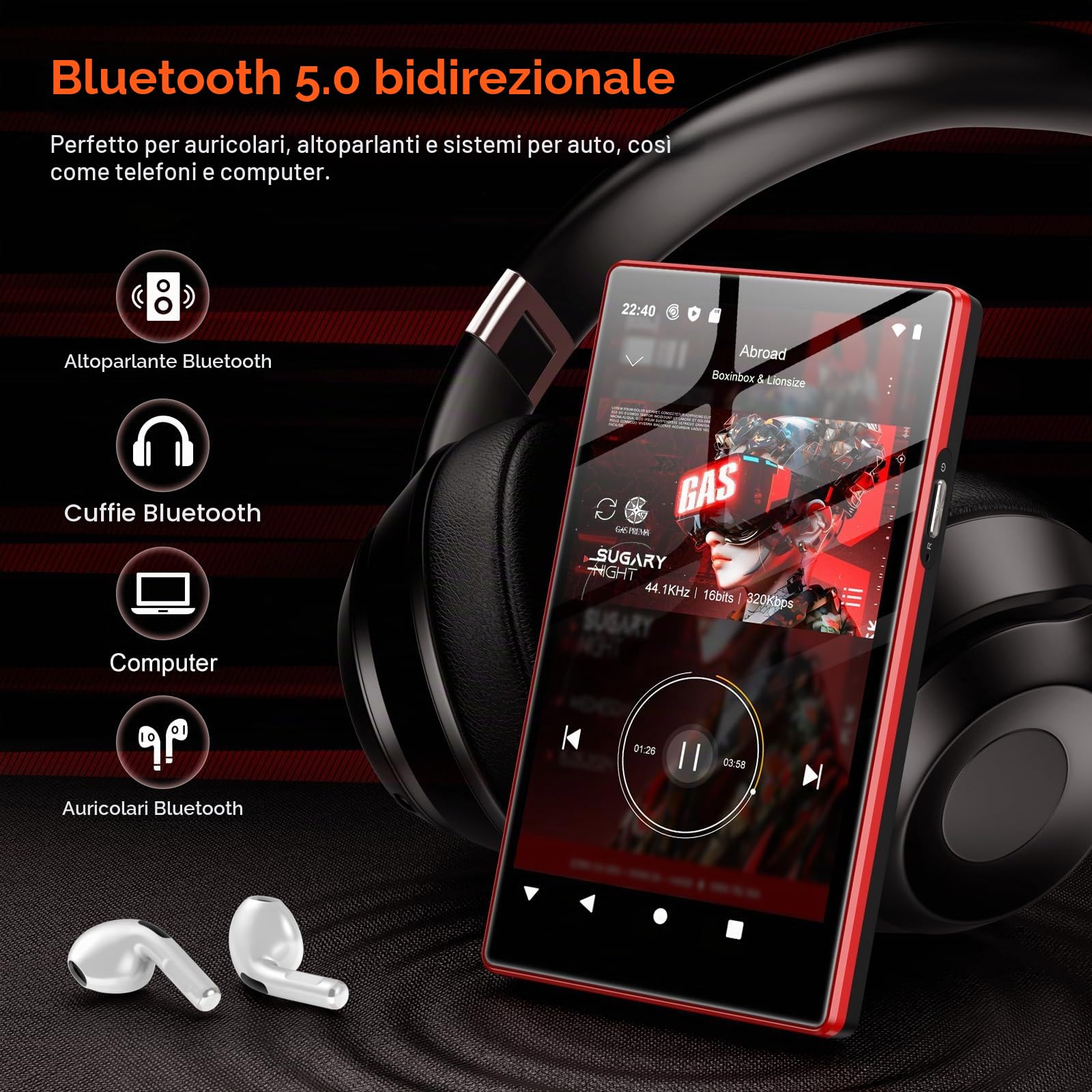 160GB Lettore MP3 con Bluetooth e WiFi, Oilsky 5" MP4 Player HD con Spotify, Amazon Music, Audible, Deezer, Lettore Musicale Android 13 con Touch Screen e Altoparlanti (nero)