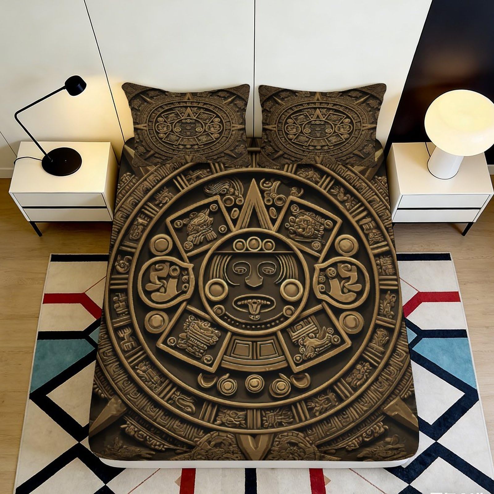 3D Printed Aztec Sun Calendar Fitted Sheet Microfiber Non-slip Bed Cover for Bedroom Dorm Machine Washable 160x200x25cm