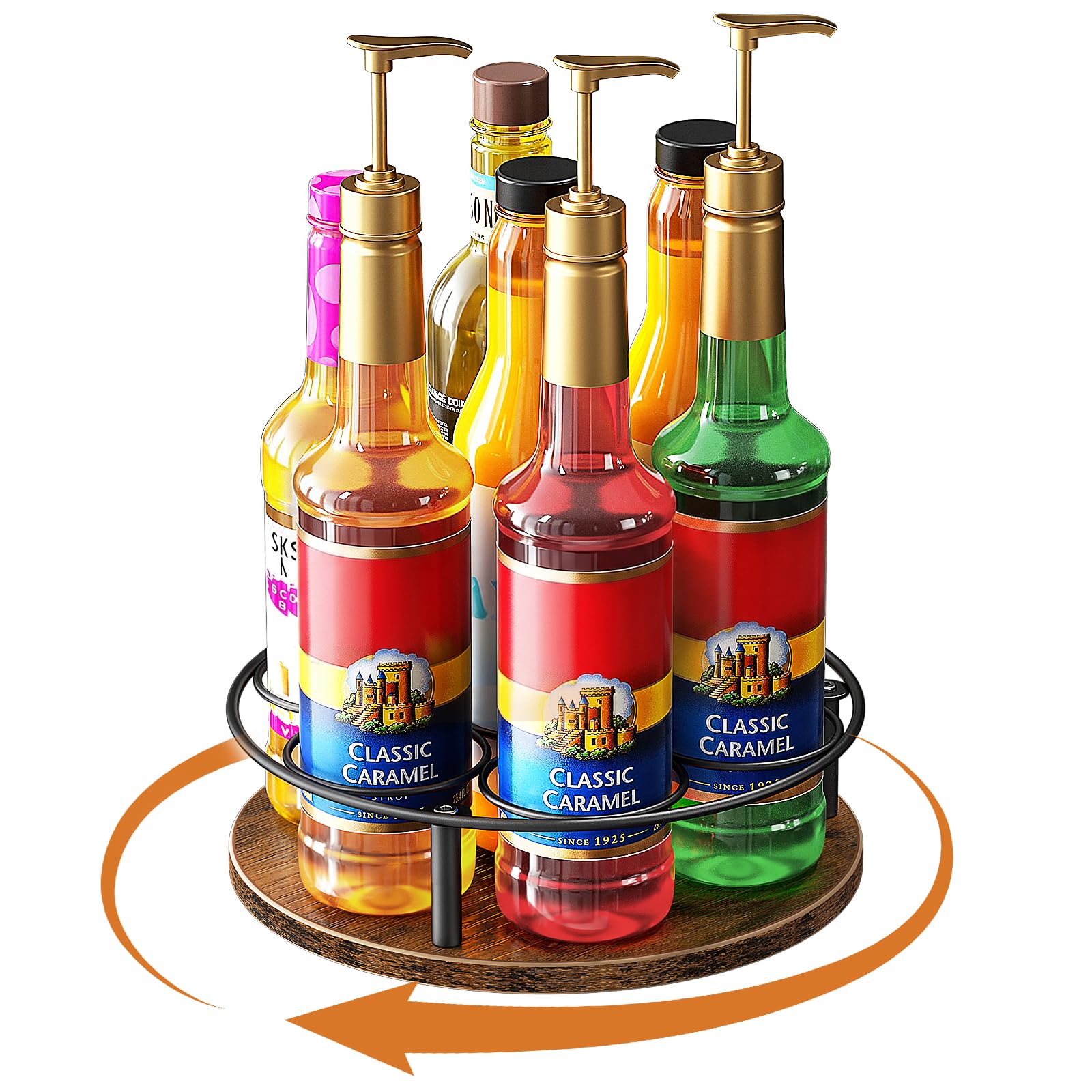Nuovoware Support Rotatif 7 Bouteilles Sirop Café, Support en Acier au Carbone avec Base en Bois Support pour Bouteilles de Sirop de Café pour Sirops Aromatisés Thermos Liquor de Table, Noir+Marron