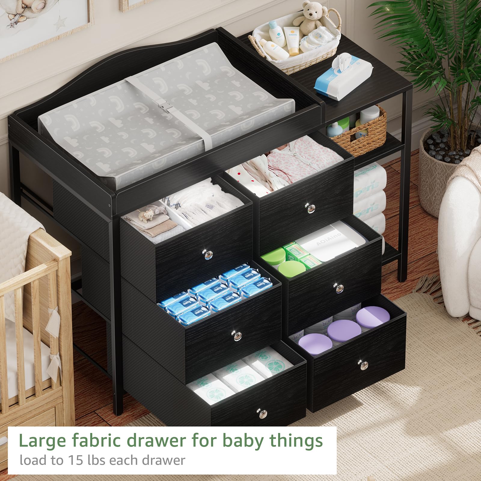 Amazon.com : BOLUO Baby Dresser with Changing Table Top, Black Changing  Table Dresser with 6 Fabric Drawers Diaper Changing Station with Storage  Shelf for Nursery Modern : Baby