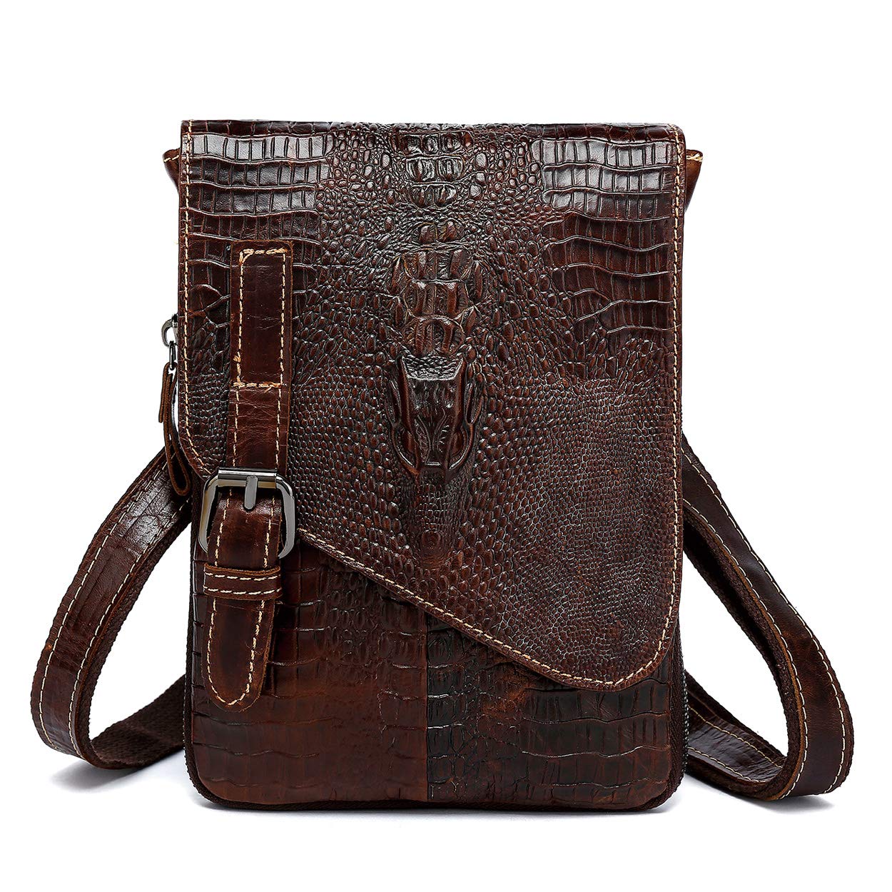 Niucunzh Genuine Leather Mini Messenger Bag Crocodile Embossed