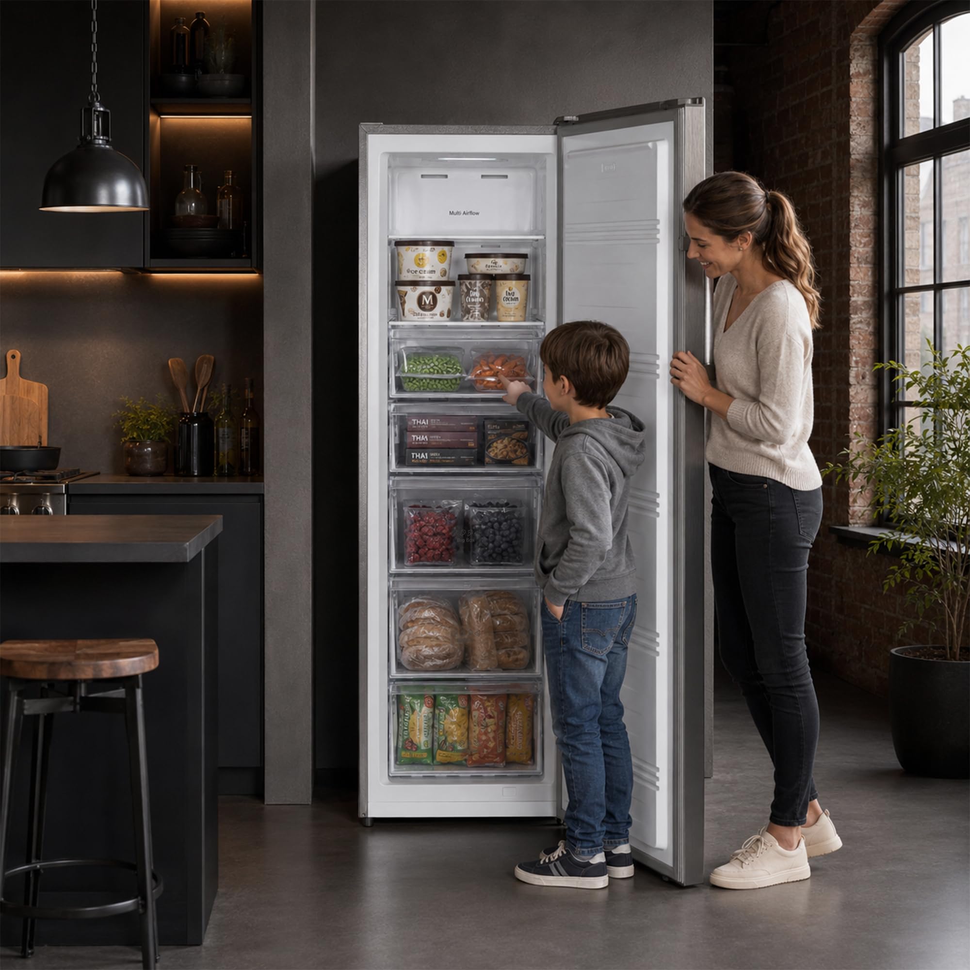 Gefrierschrank HFF-HS240NFXE++, 240 L, Energieklasse E, Full No Frost, Inverter-Kompressor, Multi Air Flow, digitales Display, Super Freezing, 7 Gefrierfächer, LED-Licht, Inox-Look