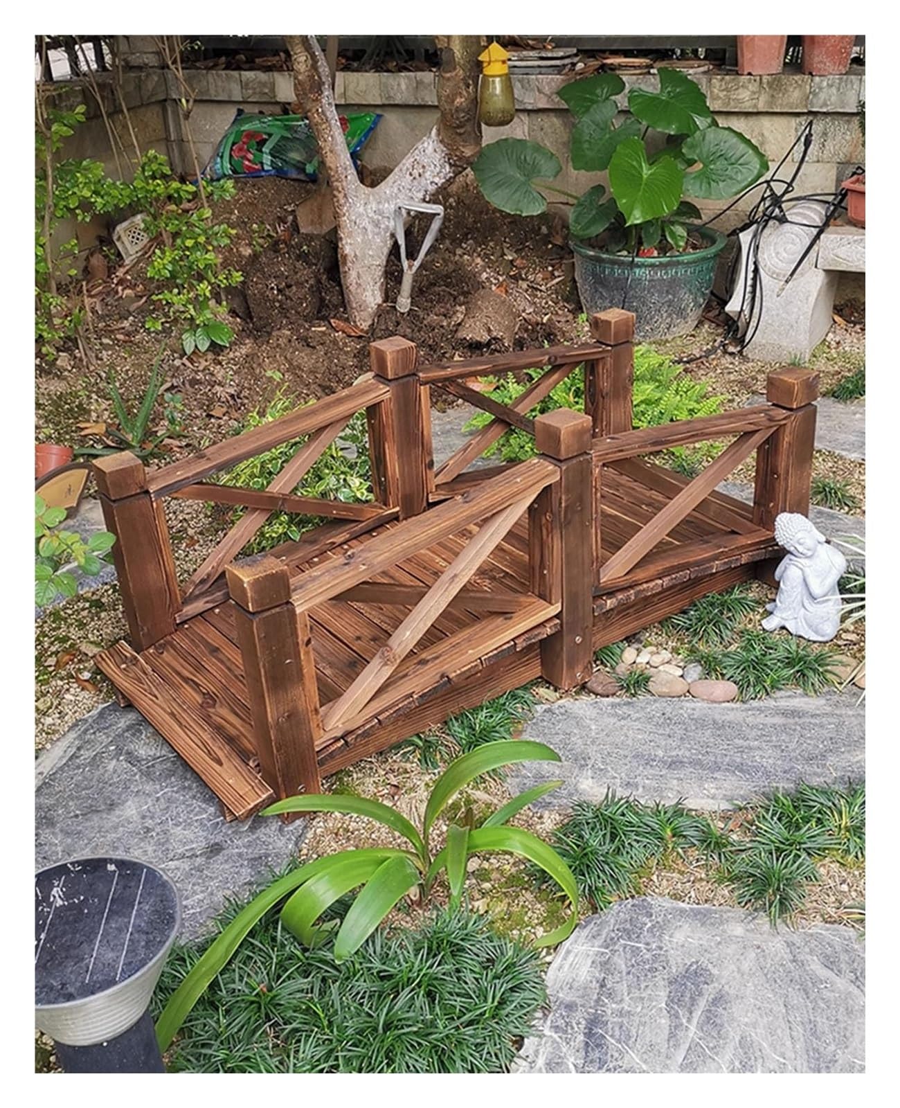 Wooden Garden Bridge, Wood Arc Footbridge, Decorative Pond Bridge with Side Rails, Backyard Farm Creek Footbridge