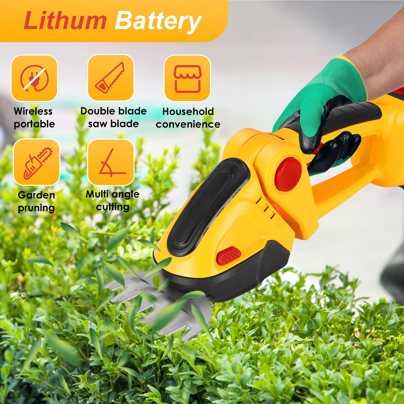 Tagliasiepi a Batteria, Decespugliatore e Tagliaerba 2-in-1, Tagliasiepi Elettrico 2x1500mAh Bat-teria, Taglia Siepi da Giardino a Batteria Lunghezza Lama 22cm&6cm Per Tagliare Siepi e Prati (2 in 1)