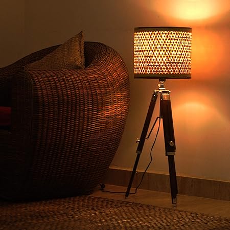 Kraftinn Starnet Natural Brown Drum Sheesham Wood 29 Tripod Floor Lamp