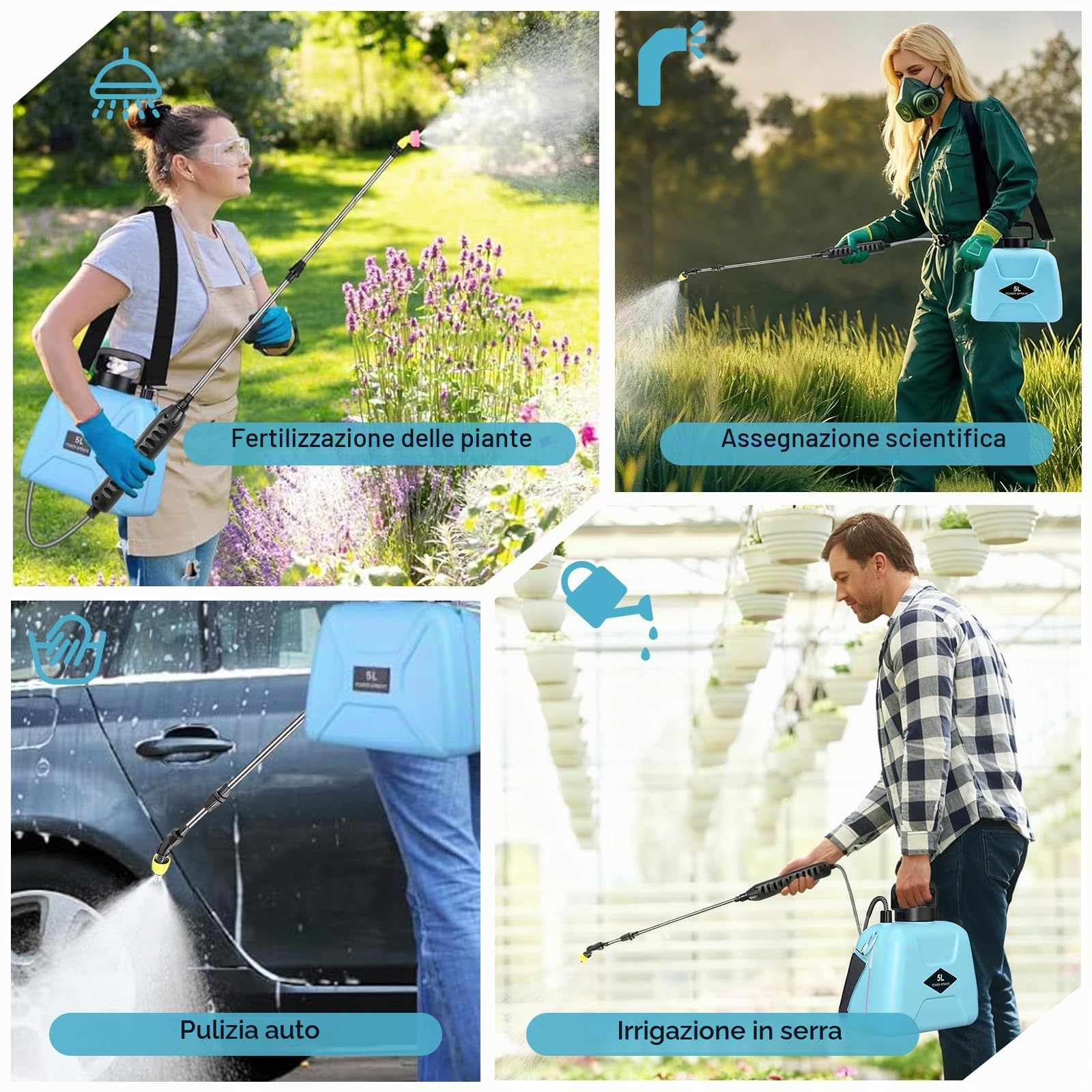 Nikou Pompa Irroratrice a Batteria 5Litri, Spruzzatore Elettrico da Giardino Spruzzatore a Pressione con 3 Ugelli, Lancia Telescopica, Spruzzino Nebulizzatore Piante per Prato Irrigazione Diserbo