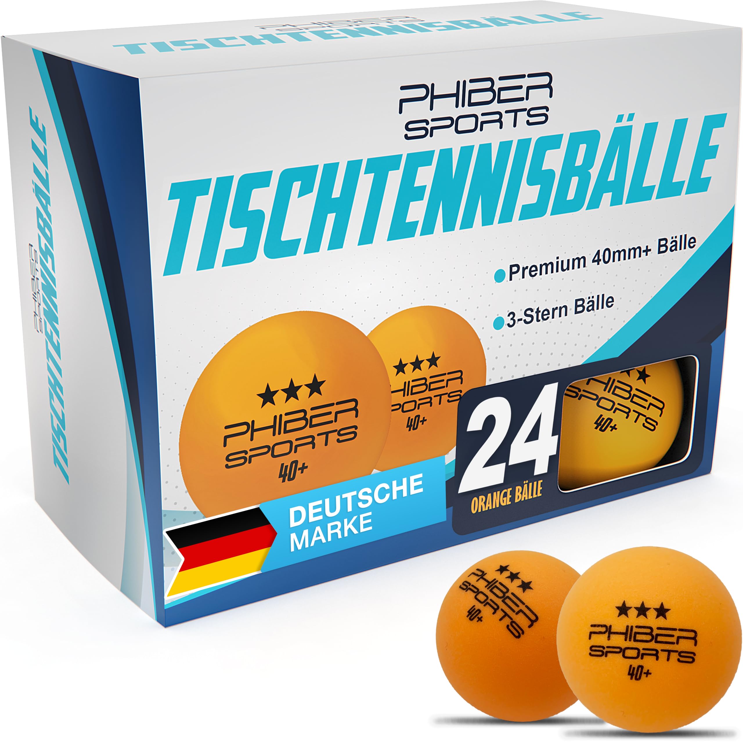 PHIBER-SPORTS 24 Stück Tischtennisbälle - 3 Stern 40+ Premium Orange – Perfekte Spieleigenschaften - Ideal für Anfänger, Familien und Profis - Nach Wettbewerbsrichtlinien