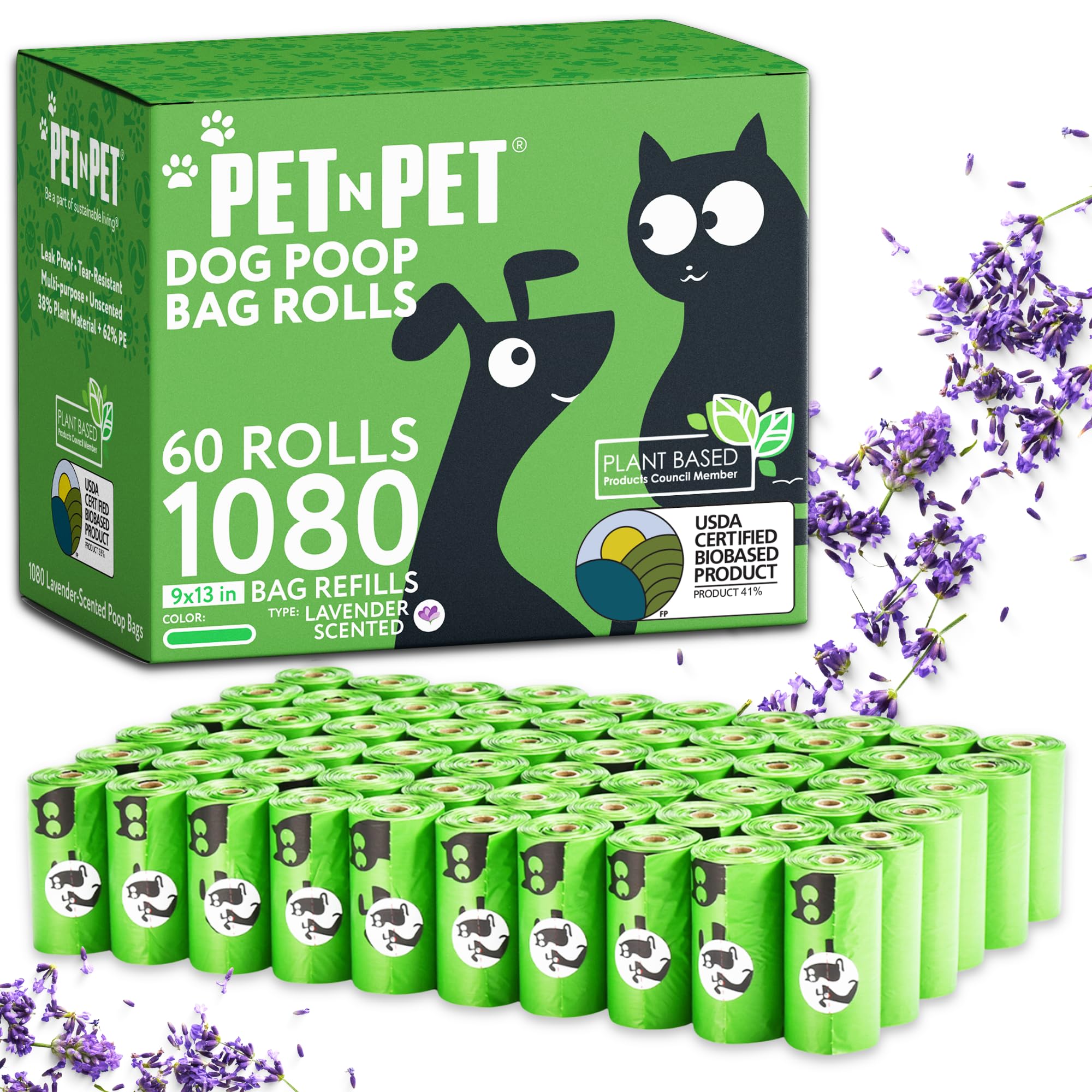 Pet N Pet 1080 Counts Green Poop Bags for Dogs, 38% Plant Based & 62% PE Extra Thick Dog Poop Bags Rolls, 9" x 13", Lavender Scented Pet Waste Bag
