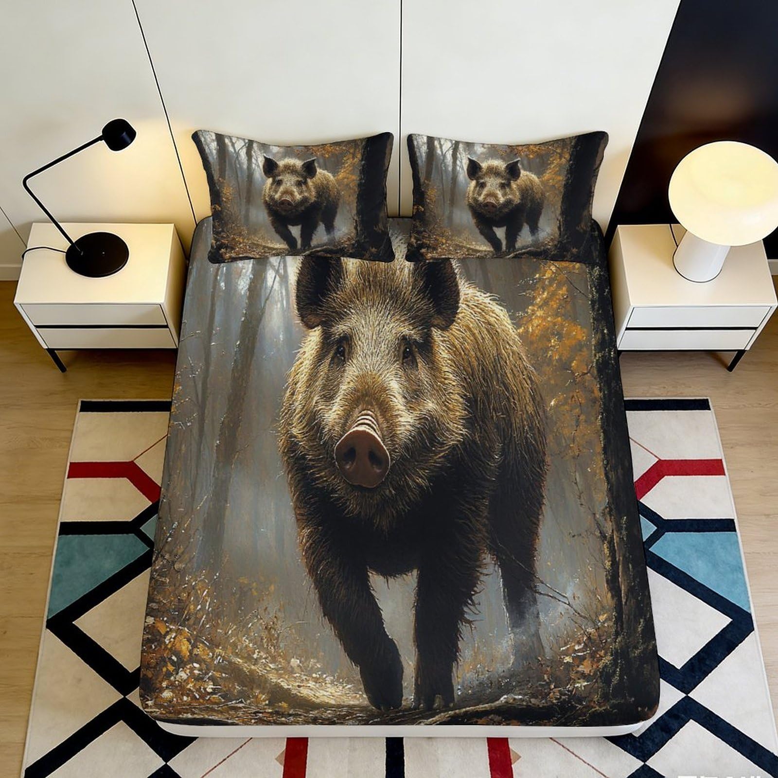 3D Printed Wild Boar Fitted Sheet Microfiber Soft Durable Forest Animal Bed Cover for Bedroom Dormitory Guest Room Mattress Protection Decor 140x200x25cm