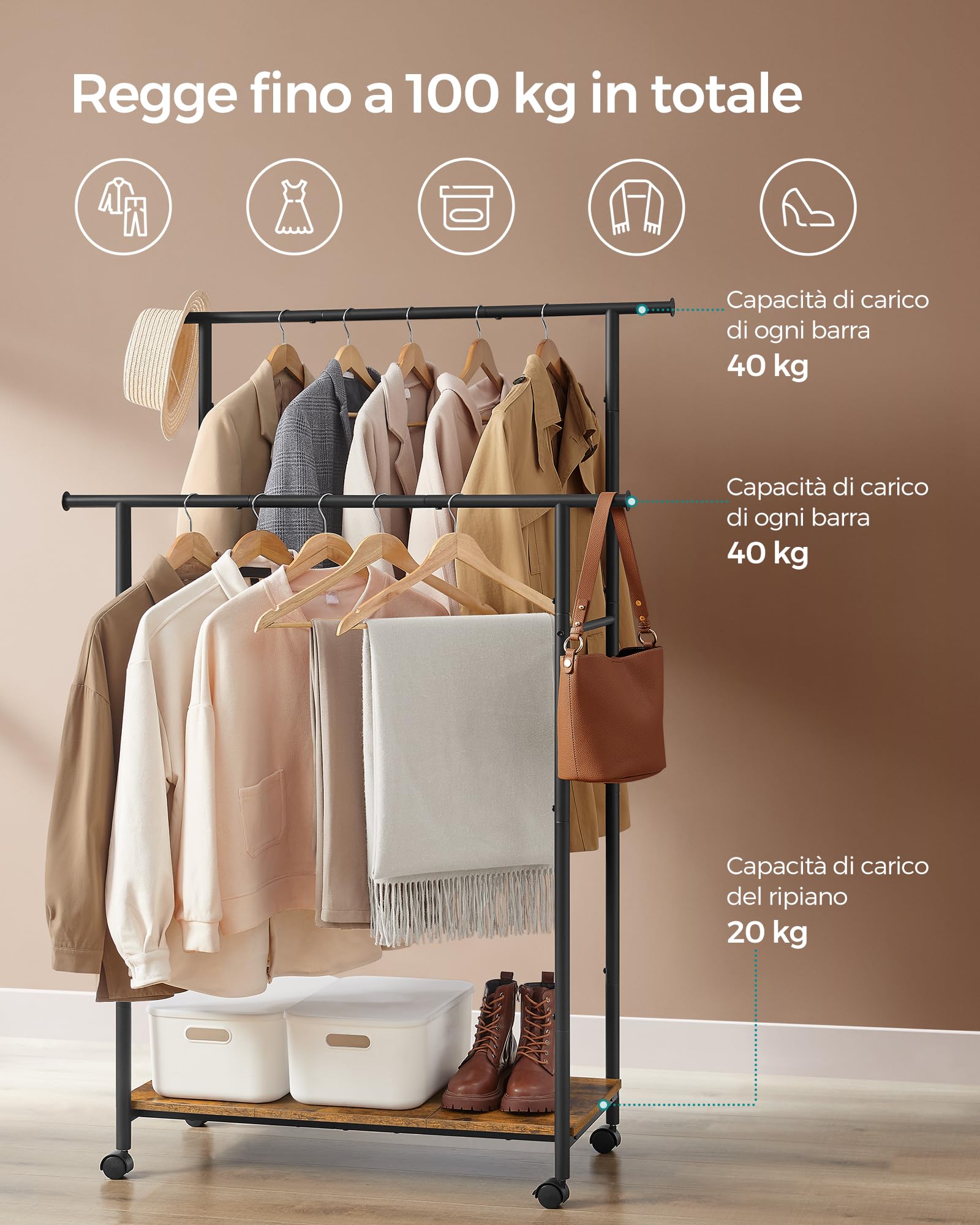 SONGMICS Stand Appendiabiti con Ruote, Attaccapanni Doppio con Ripiano, Largo 98,5 cm, Regge 100 kg in Totale, Struttura in Acciaio, Marrone Vintage e Nero Inchiostro HSR152B01