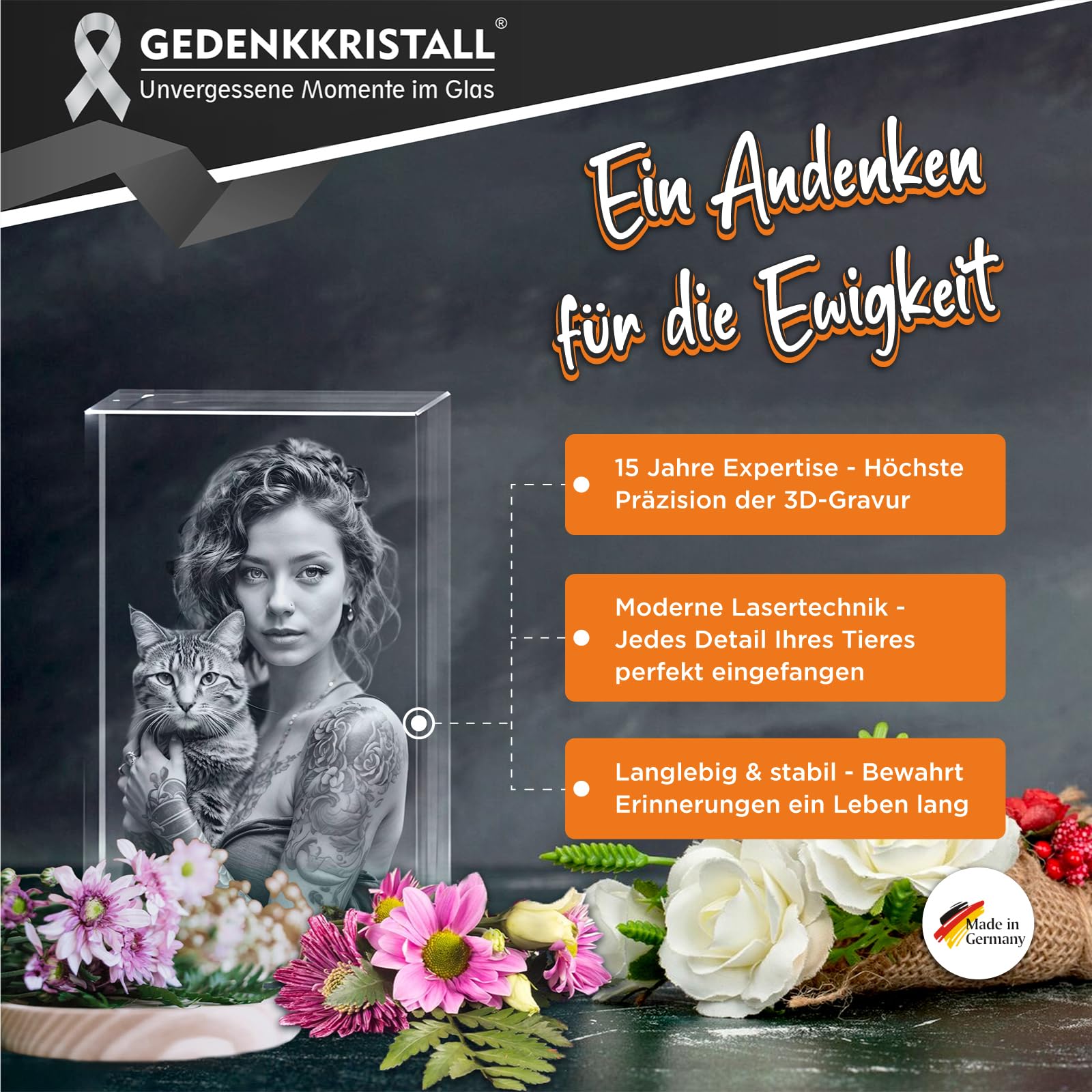 3D Foto Glasblock Katze - Personalisiertes Gedenkglas für Haustiere mit Wunschtext Gravur, Abschied nehmen Tiere Hund, Pferd, Hochwertige Lasergravur in Kristallglas Denkmal