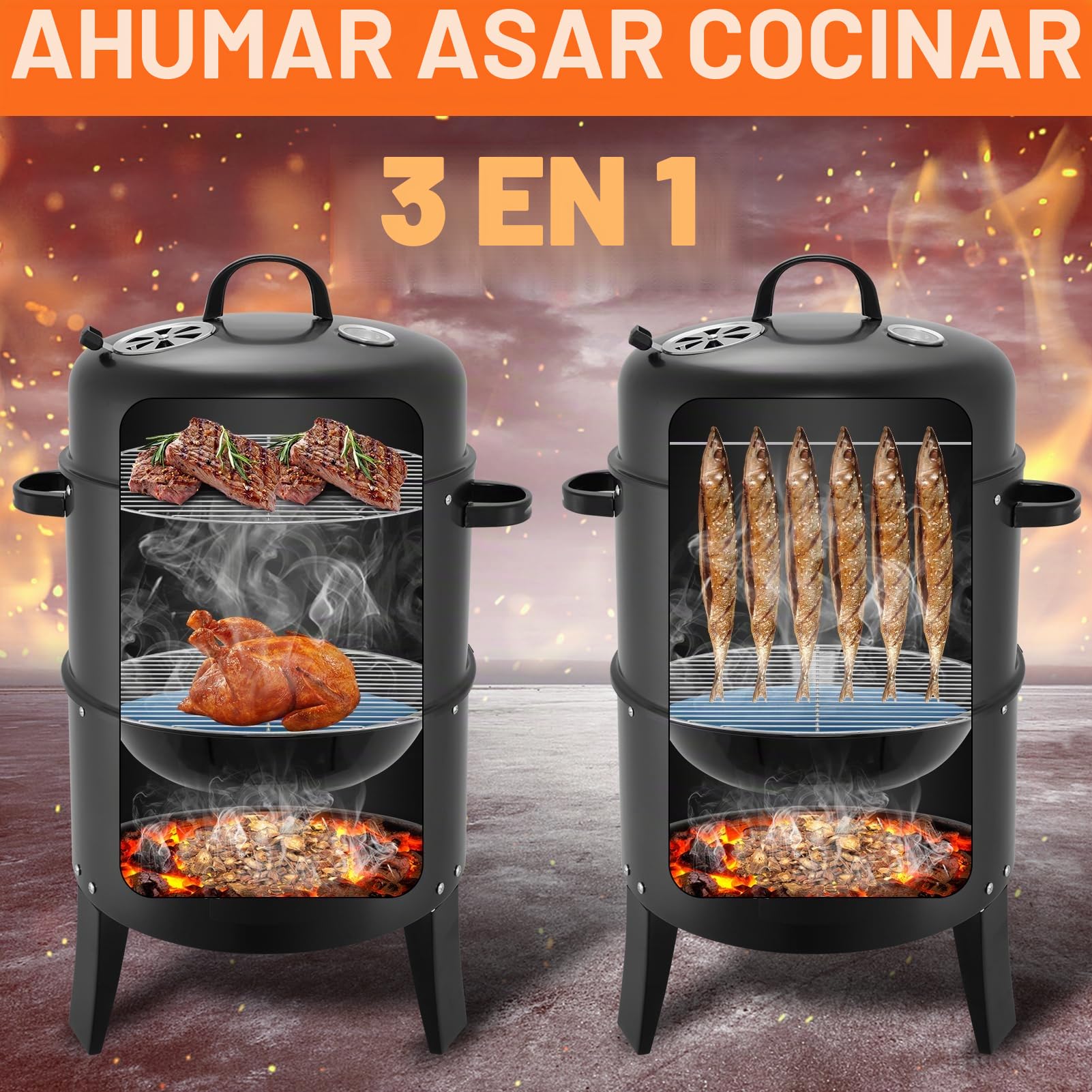 Barbacoa ahumadora, diámetro de 41 cm, gran barbacoa para exteriores con termómetro y 6 ranuras de extracción, barbacoa de carbón vegetal para camping, pícnic, jardín y cocina al aire libre