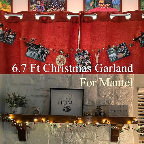 Miniatura 5 de Guirnalda de luces de Navidad de 6.7 pies, 20 luces LED, funciona con pilas, bayas rojas, cono de pino, luces de Navidad para chimenea, chimenea,