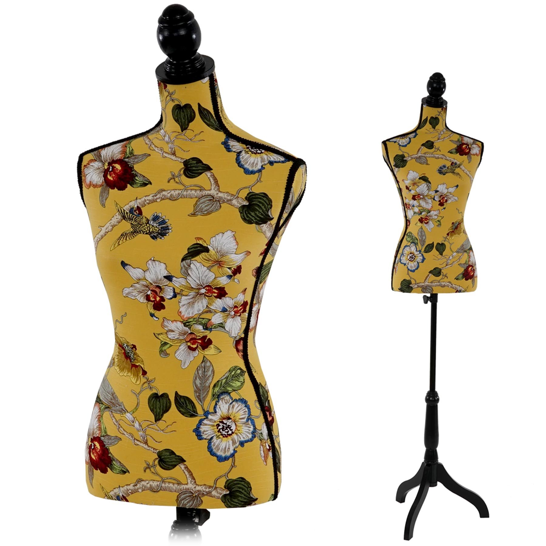 Manichino sartoriale busto donna T222 fibre di vetro con treppiede - giallo con fiori