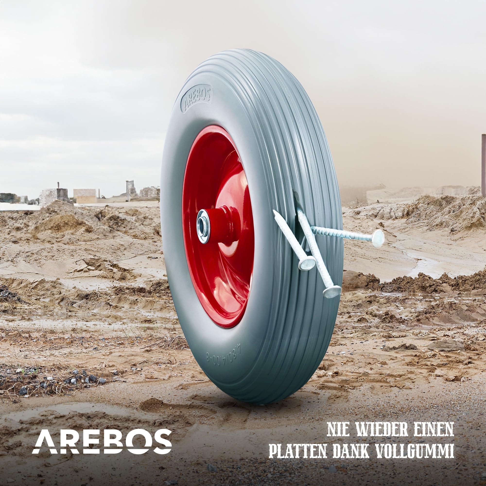 Arebos Schubkarrenrad aus pannensicherem PU Vollgummi Tragkraft 200 kg | Reifen mit Stahlfelge | 4.80/4.00-8 | Ersatzrad Gummirad mit Achse | Schubkarren Rad | Durchmesser 390 mm | Grau