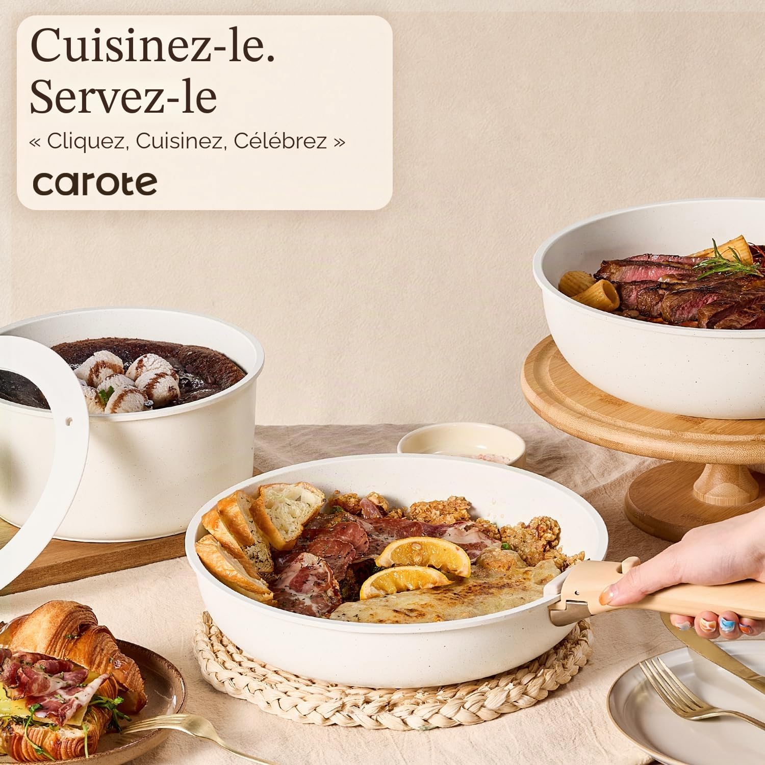 CAROTE Lot de 17 casseroles et poêles antiadhésives, poignée amovible, casseroles et poêles de cuisine à induction, ensemble de cuisine antiadhésif, passe au four/lave-vaisselle/réfrigérateur, gain de