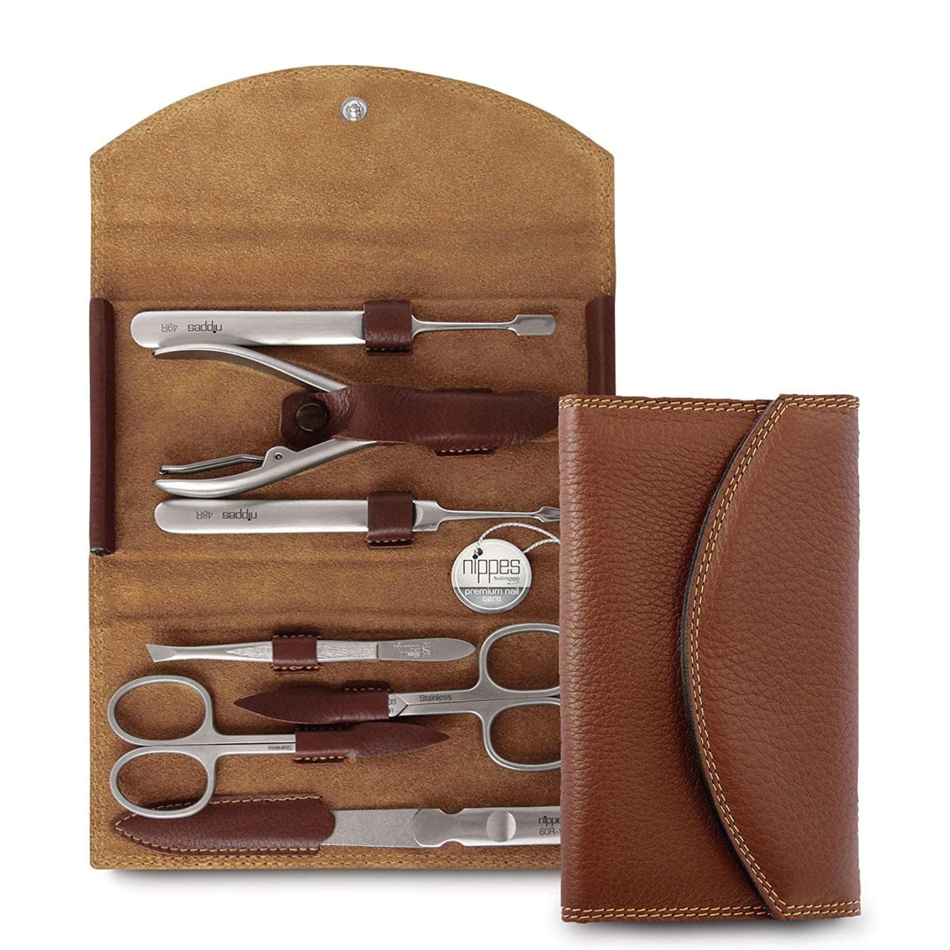nippes Solingen Classic Premium Set Manicure, 7 pezzi, astuccio in vero cuoio bovino italiano, strumenti antiruggine in acciaio inox senza nichel, set unghie Made in Solingen/Germany