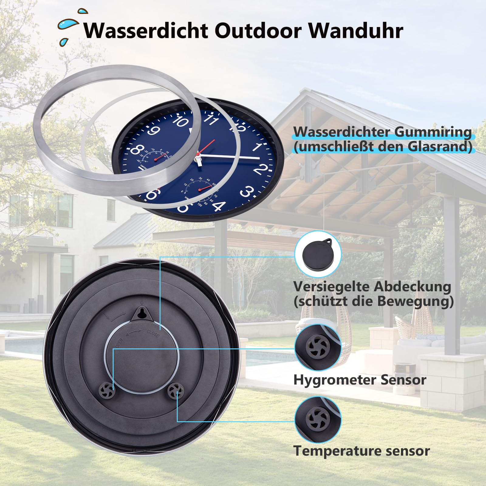 Wandklok met quartz-mechanisme hygrometer thermometer 30 cm