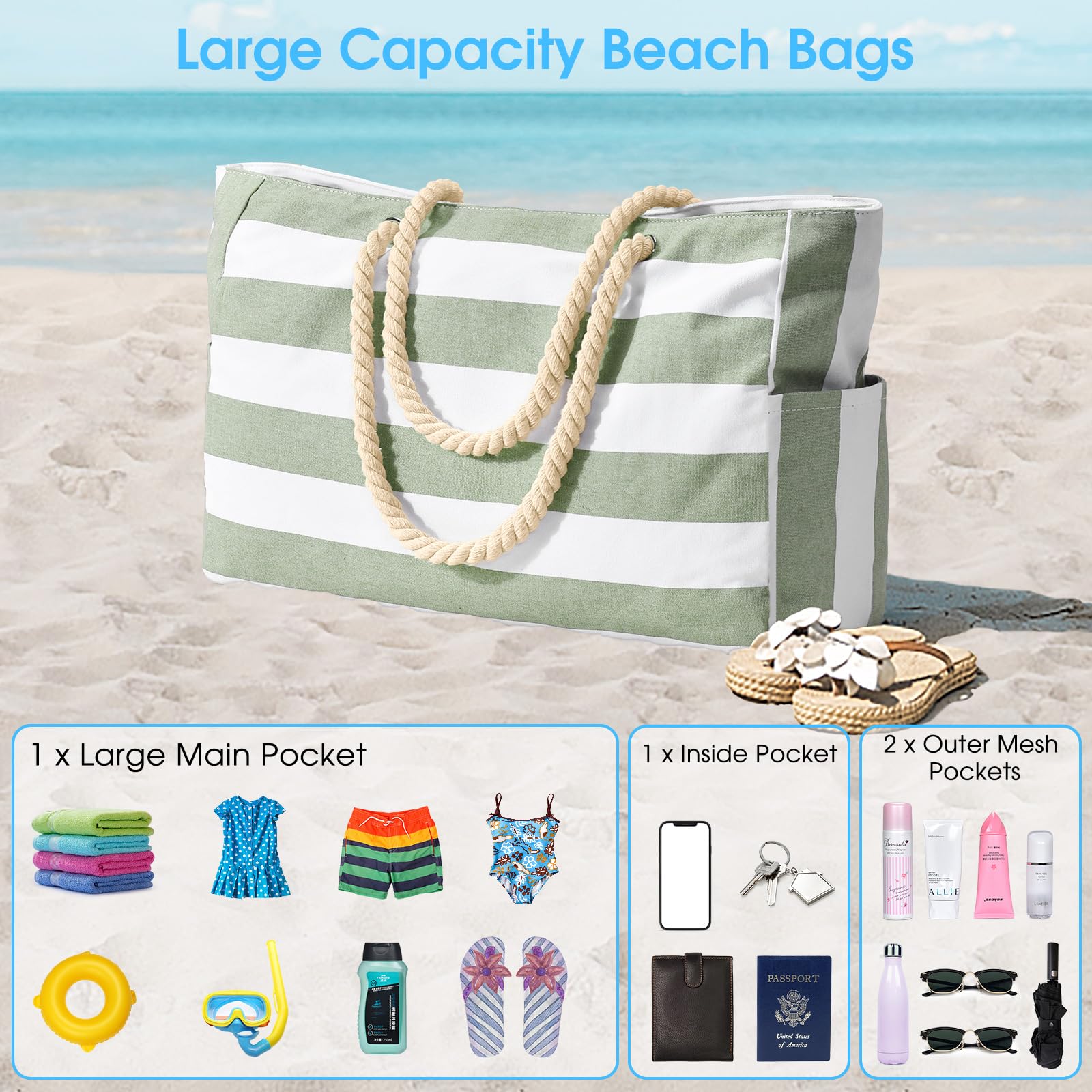 oscaurt Beach Bags for Women, Large Waterproof Beach Tote Bag with Zipper Beach Bags Waterproof Sandproof Swim Pool Bag Large Tote