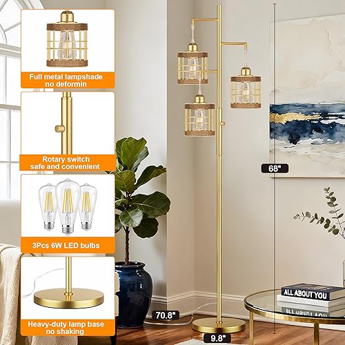 Miniatura 5 de QiMH Lámparas de pie industriales para sala de estar, lámpara de pie de árbol con regulable continuo, lámparas de 68 pulgadas de alto para Oro