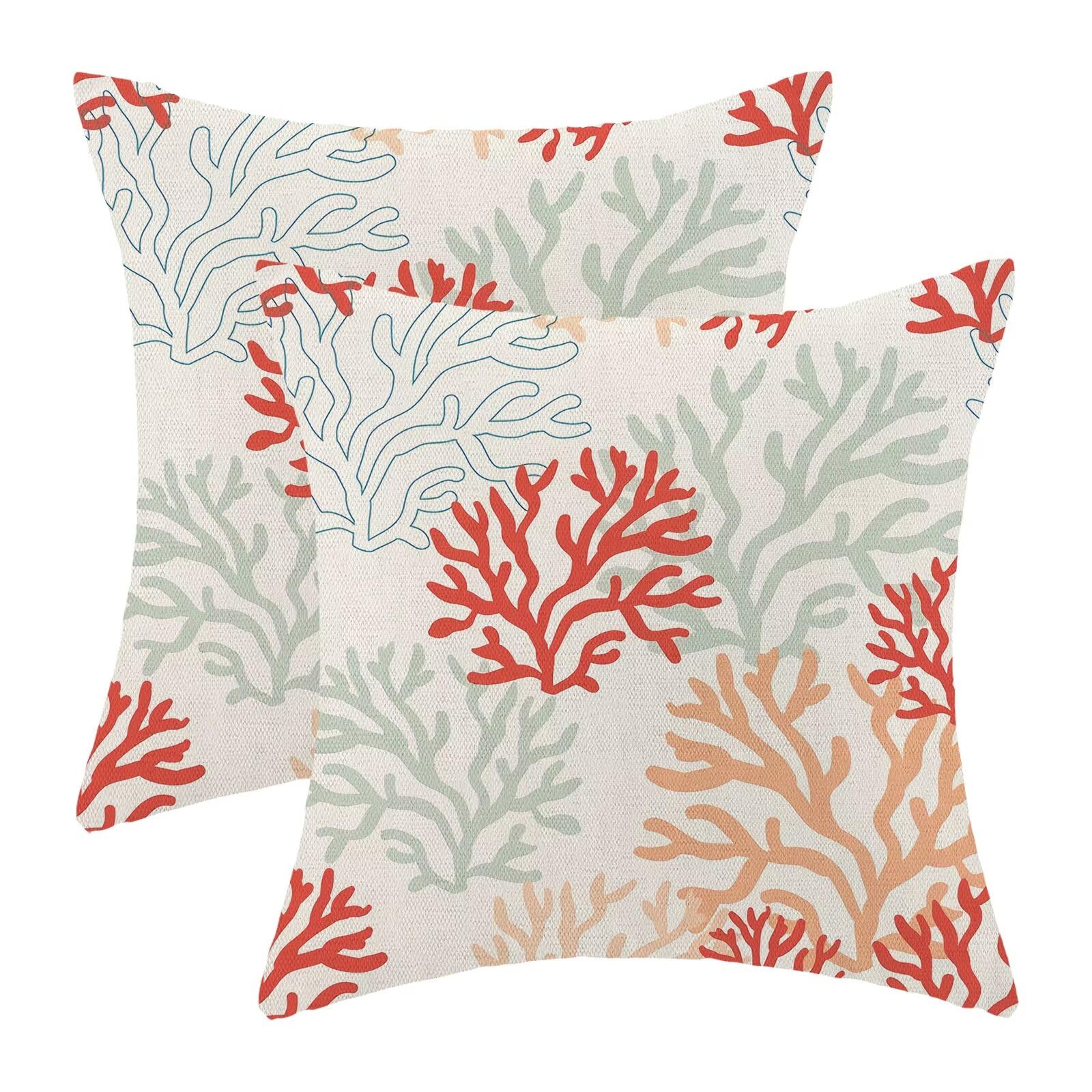 Coastal Ocean Pillow Covers 18x18 Inch Set of 2, Summer Sea Coral Teal Outdoor Decorative Nautical Beach Throw Pillows Summer Coastal Couch Cushion