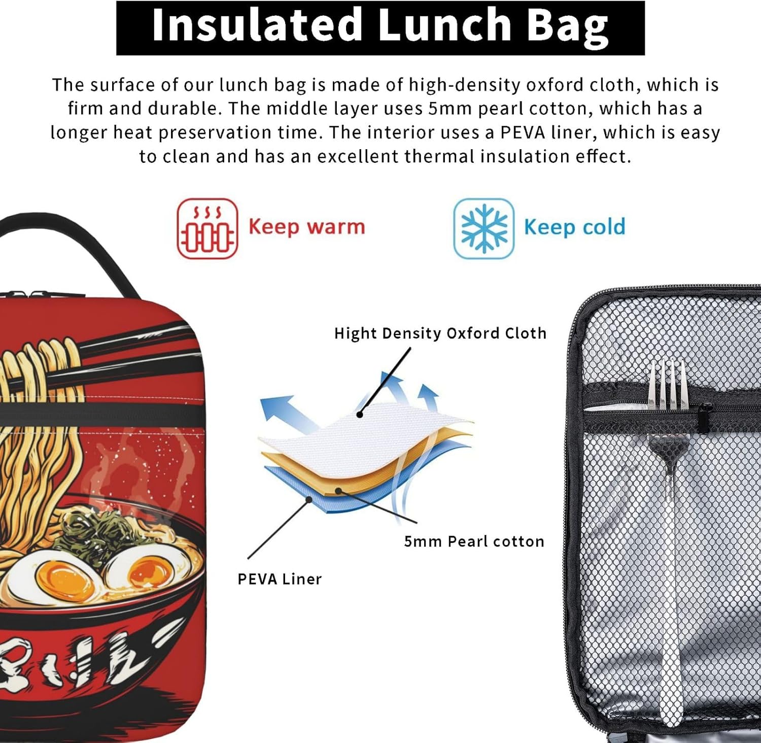 Ramen Lunch Box for Women Men, Insulated Lunch Box Reusable Portable Lunch Bag Cooler Tote Waterproof Lunch Container for Office Picnic Work Travel - Image 5