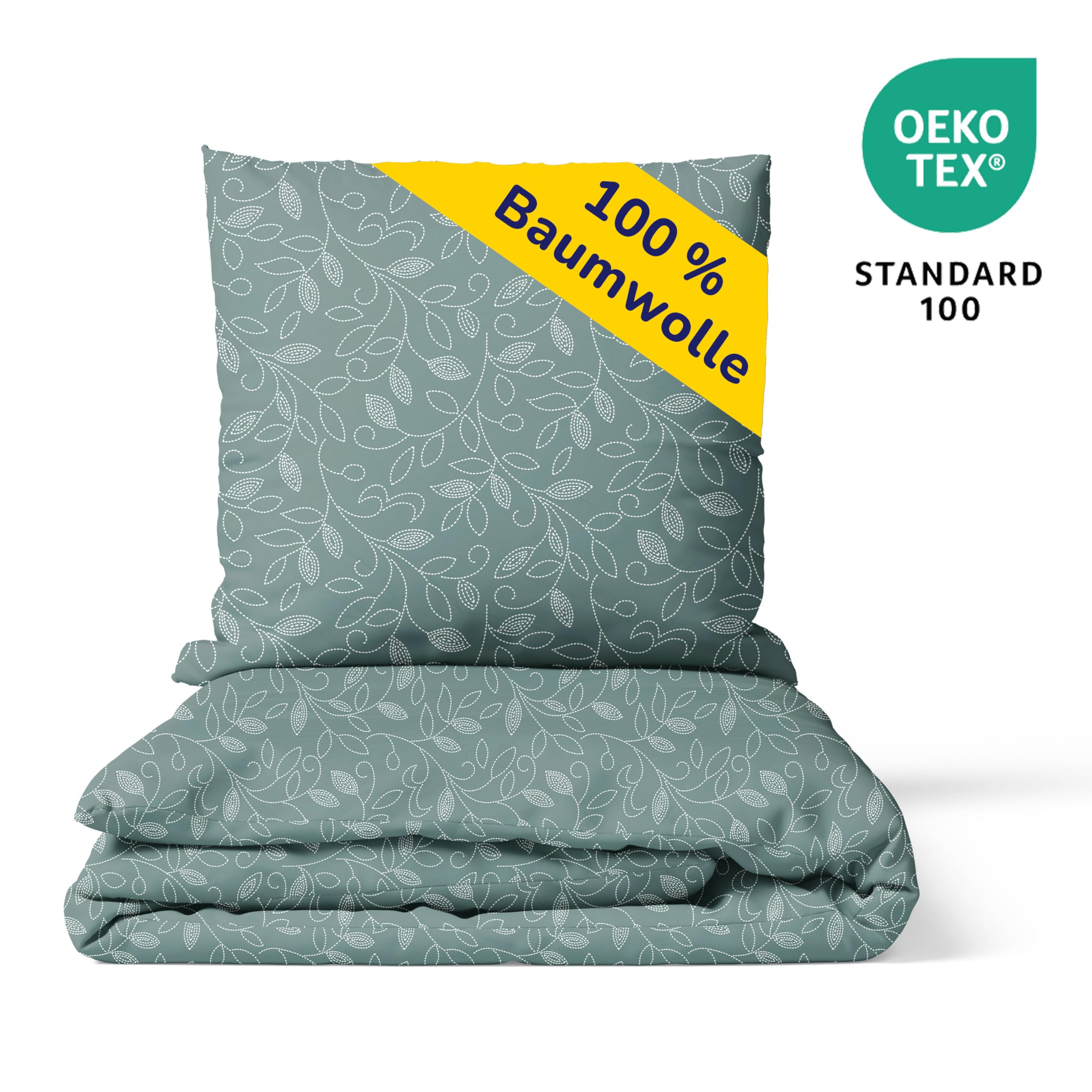 Träumschön Biber Bettwäsche Set 2tlg 155 x 220 cm Grün – Blumen Ranken Design – Flauschige Winterbettwäsche - Bettbezug + Kissenbezug 80x80 cm - Weihnachten - 100% Baumwolle