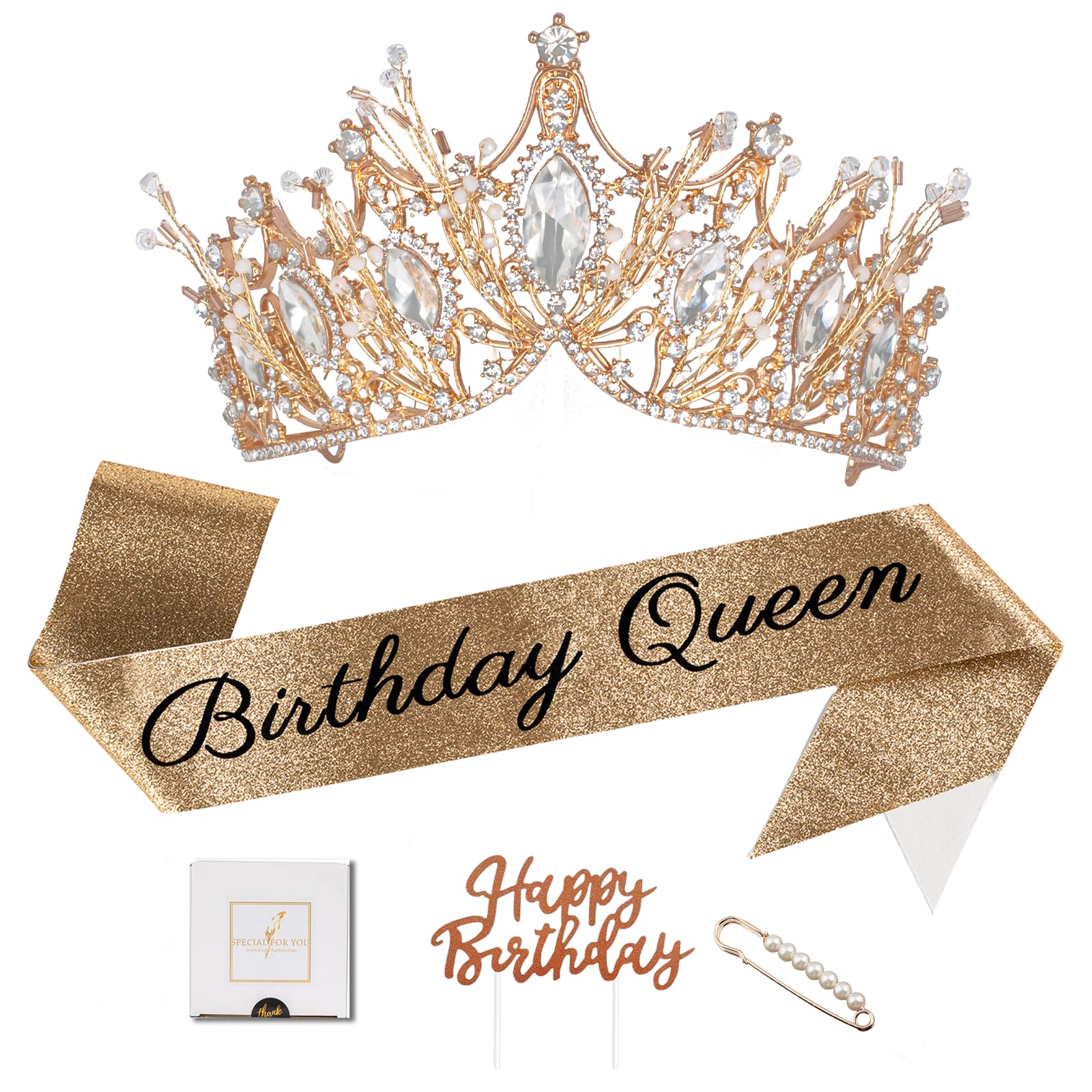 Birthday Crown for Women, 4 Pieces Birthday Sash for women, Gold Crown