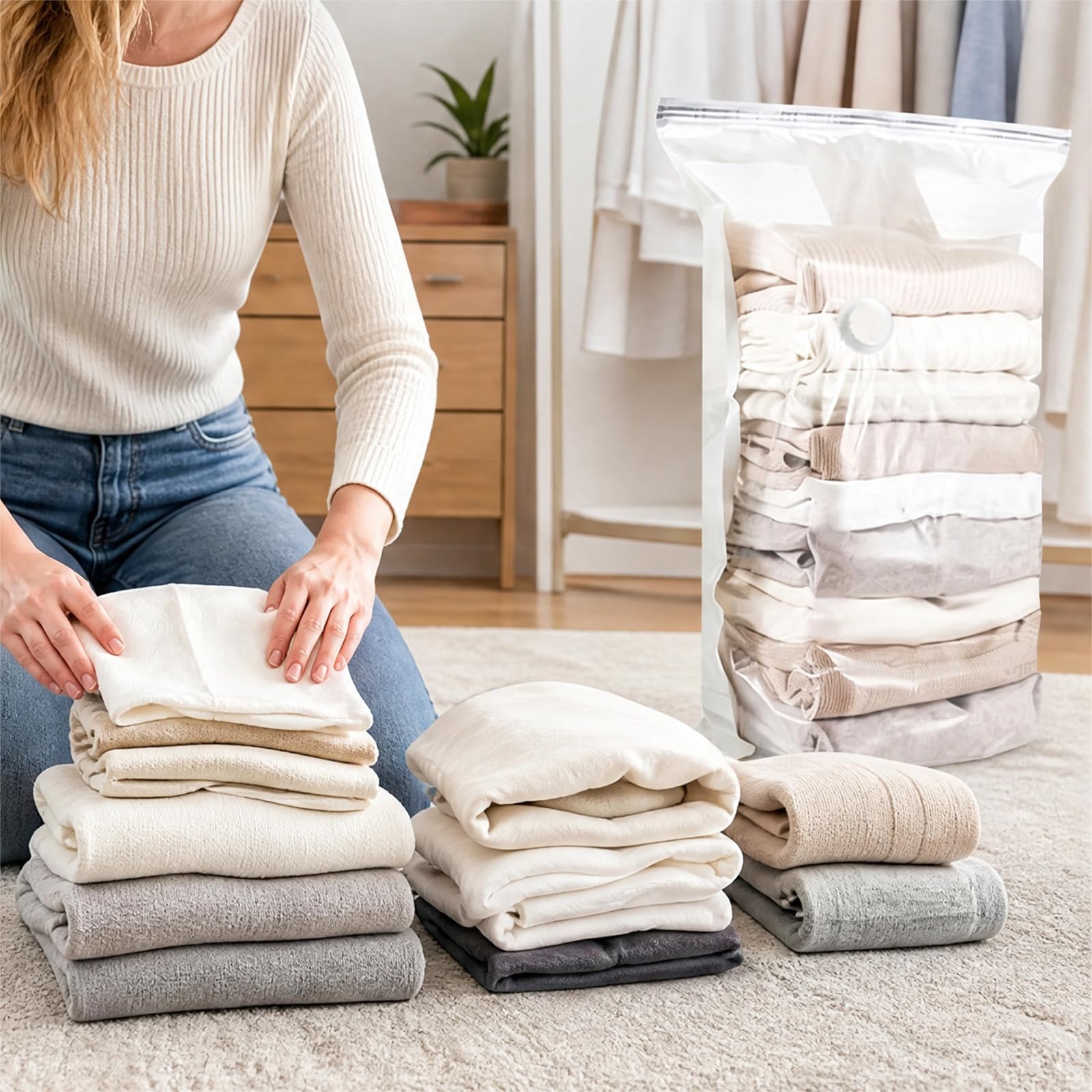 Bolsas de almacenamiento al vacío, bolsas reutilizables para ahorrar espacio, prensa y sellar para ropa, ropa de cama, edredones, equipo fuera de temporada, no necesita bomba, 9 paquetes para una