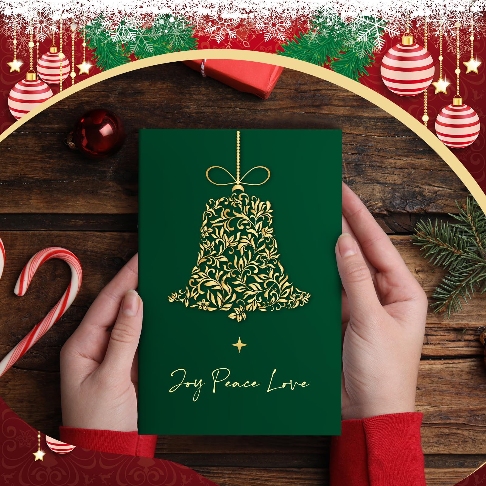 Epakh Lot de 100 cartes de vœux de Noël en feuille d'or avec enveloppes blanches et autocollants, motif arbre de Noël, 5 motifs assortis, cartes vierges pour festival d'hiver, fournitures de fête