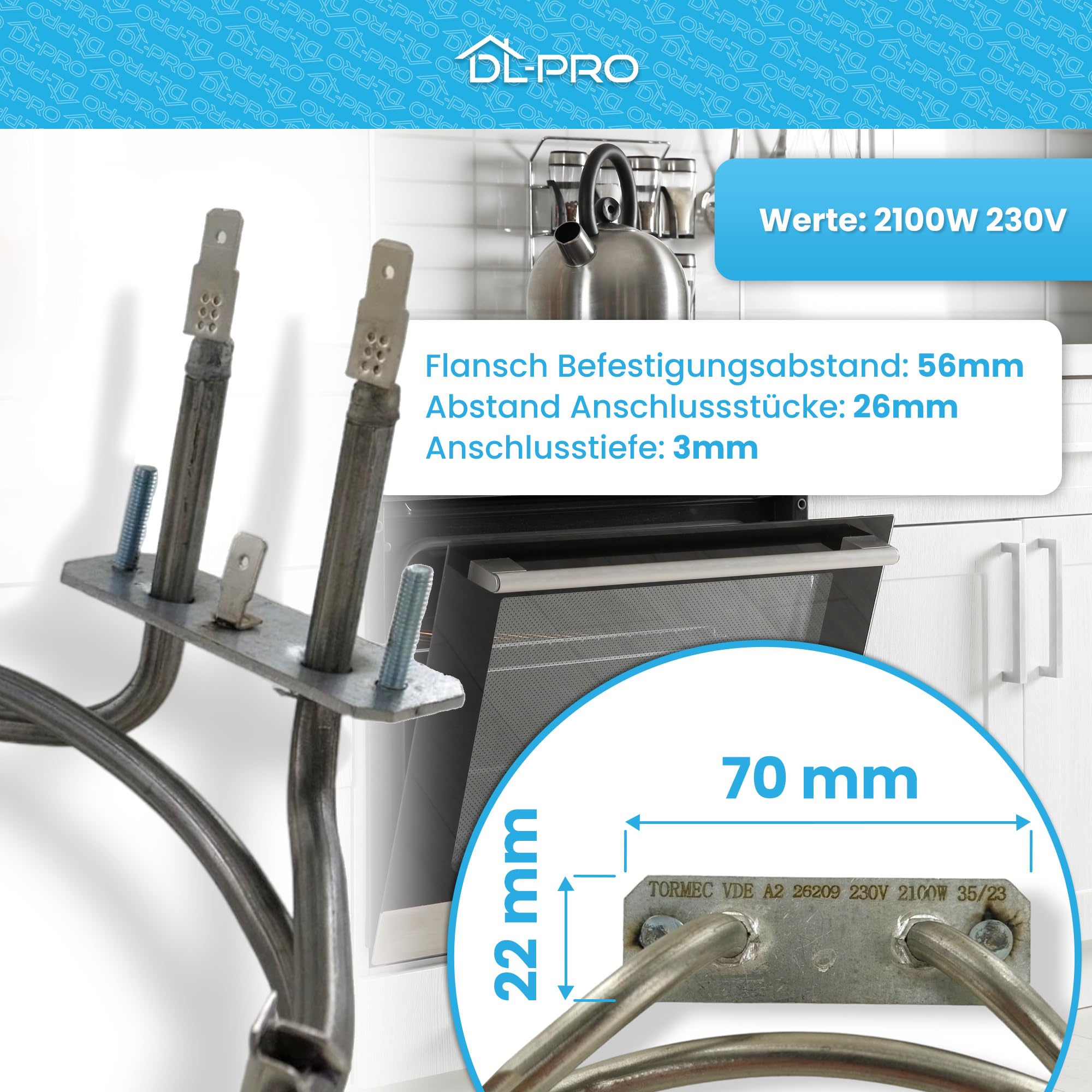 DL-pro Heizung Heizelement 2100W 230V für Gorenje 229250 Heißluftheizung für Backofen Ofen Herd