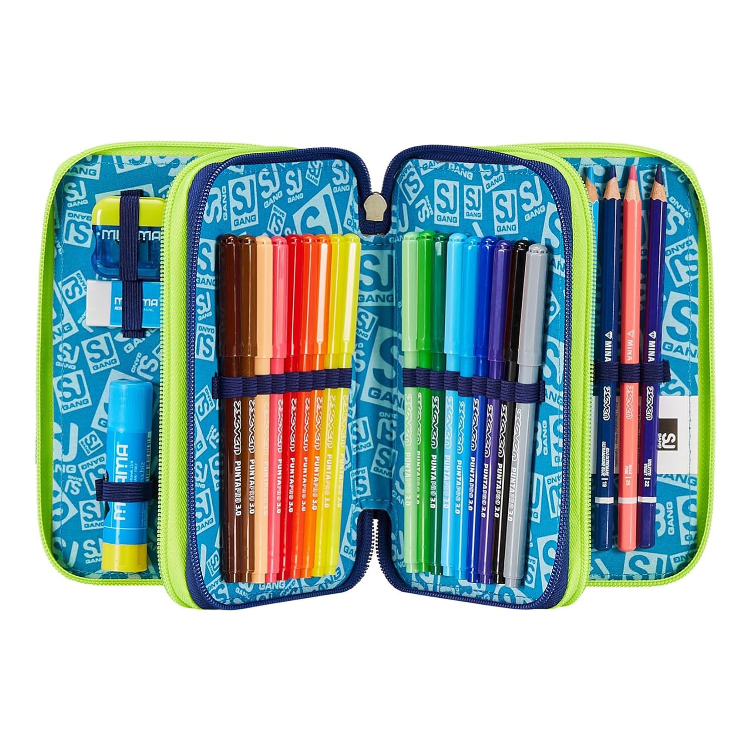 SJ GANG STYLE JAM GANG Astuccio Scuola 3 Zip, Blu, SharkStory, Portapenne Triplo Scomparto Completo Di Penne, Matite, Colori, Accessori Zaino, Elementari, Medie, Bambino
