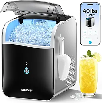 EUHOMY Smart Nugget Ice Maker Countertop, Pebble Ice Maker Machine with APP Control, 40lbs/24H, Ready in 7 Mins, Self-Cleaning, Portable Sonic Ice Makers with Hanging Ice Scoop for Home/Kitchen/Office