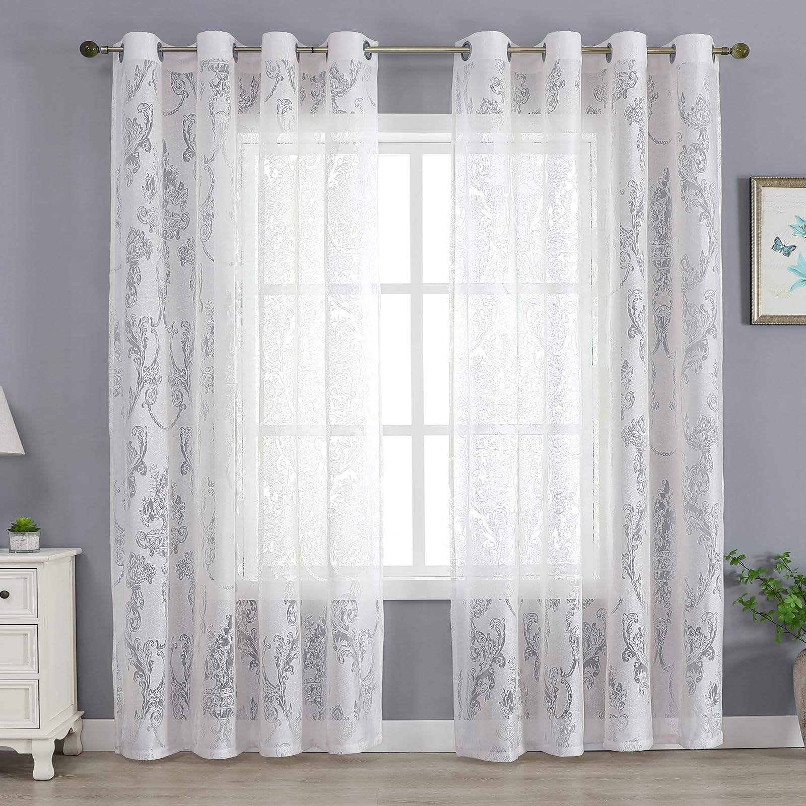 White Floral Jacquard Voile Curtains - Vintage Damask Eyelet Net Curtains, Semi Sheer Light Filtering Drapes for Living Room & Bedroom, French Shabby Chic Elegance (2 Panels)-W55 x L87 inch