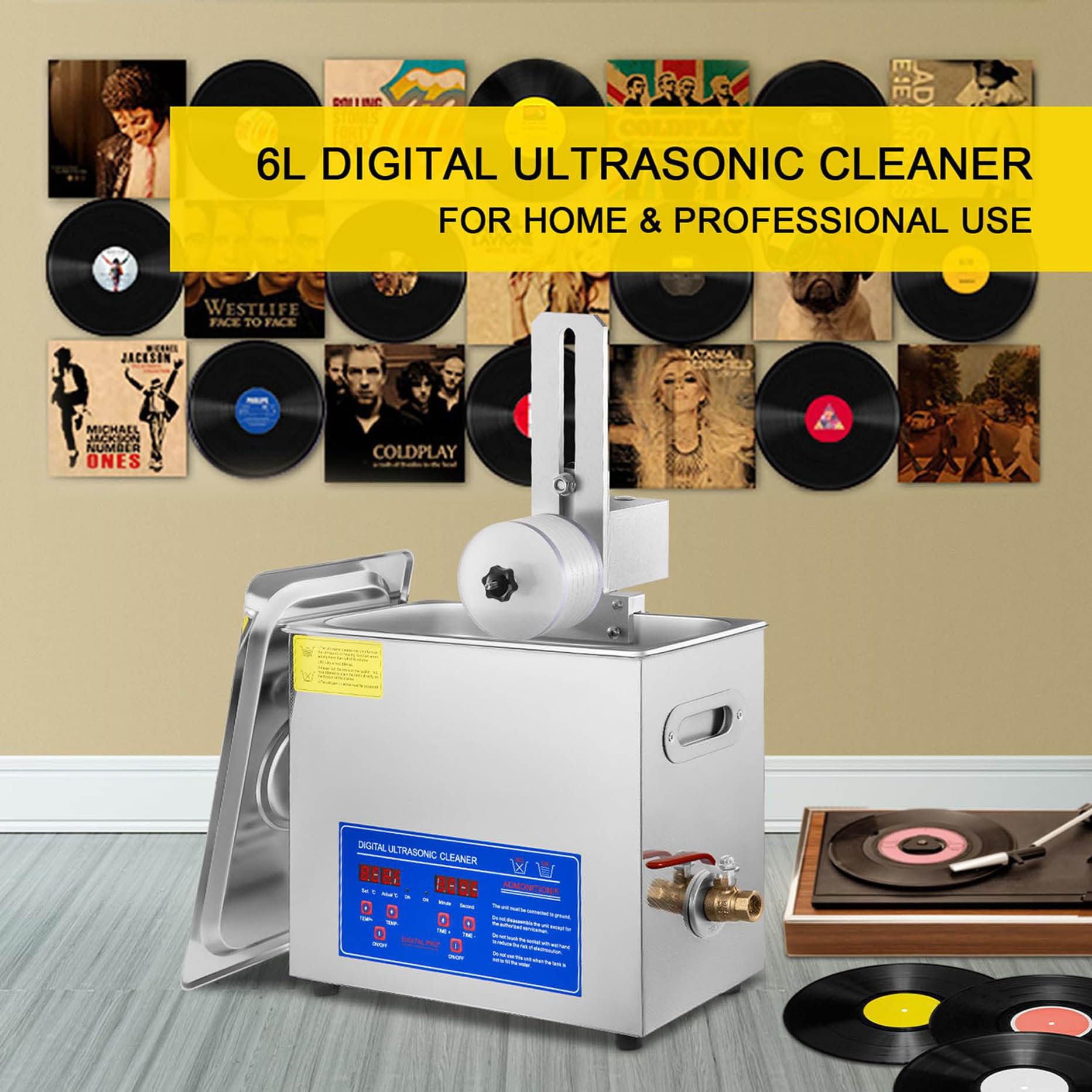 Pulitore Ad Ultrasuoni Macchina per La Pulizia di Dischi in Vinile Ad Ultrasuoni da 6 Litri Kit Completo, Pulitore per Dischi da 7-12" con Stendino per Gioielli, Occhiali, Orologi