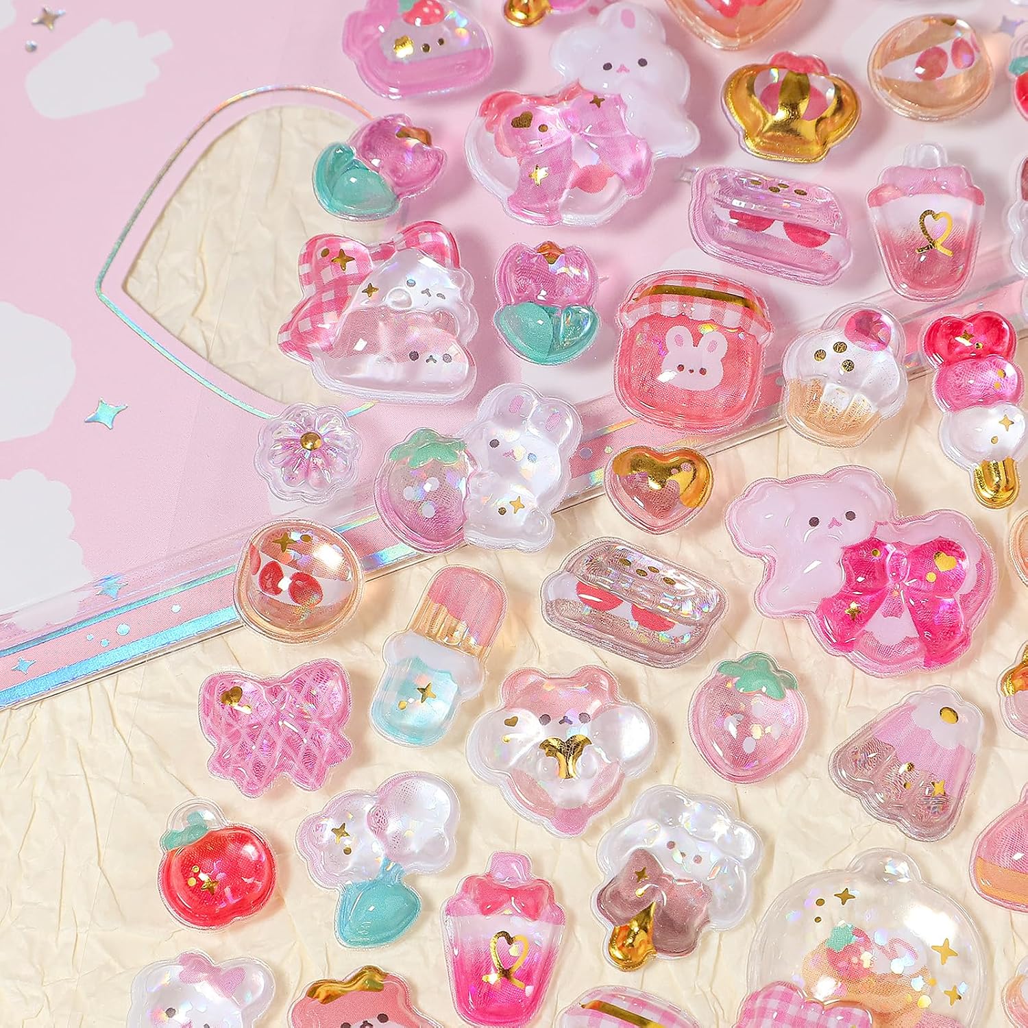 Cute Pink Theme Puffy Sticker 3D Cartoon Rabbits Cakes Bow Patterns Puffy Stickers Kawaii Mini Decorative Resin Stickers for Scrapbooking Journals Laptops Phone Case image 5