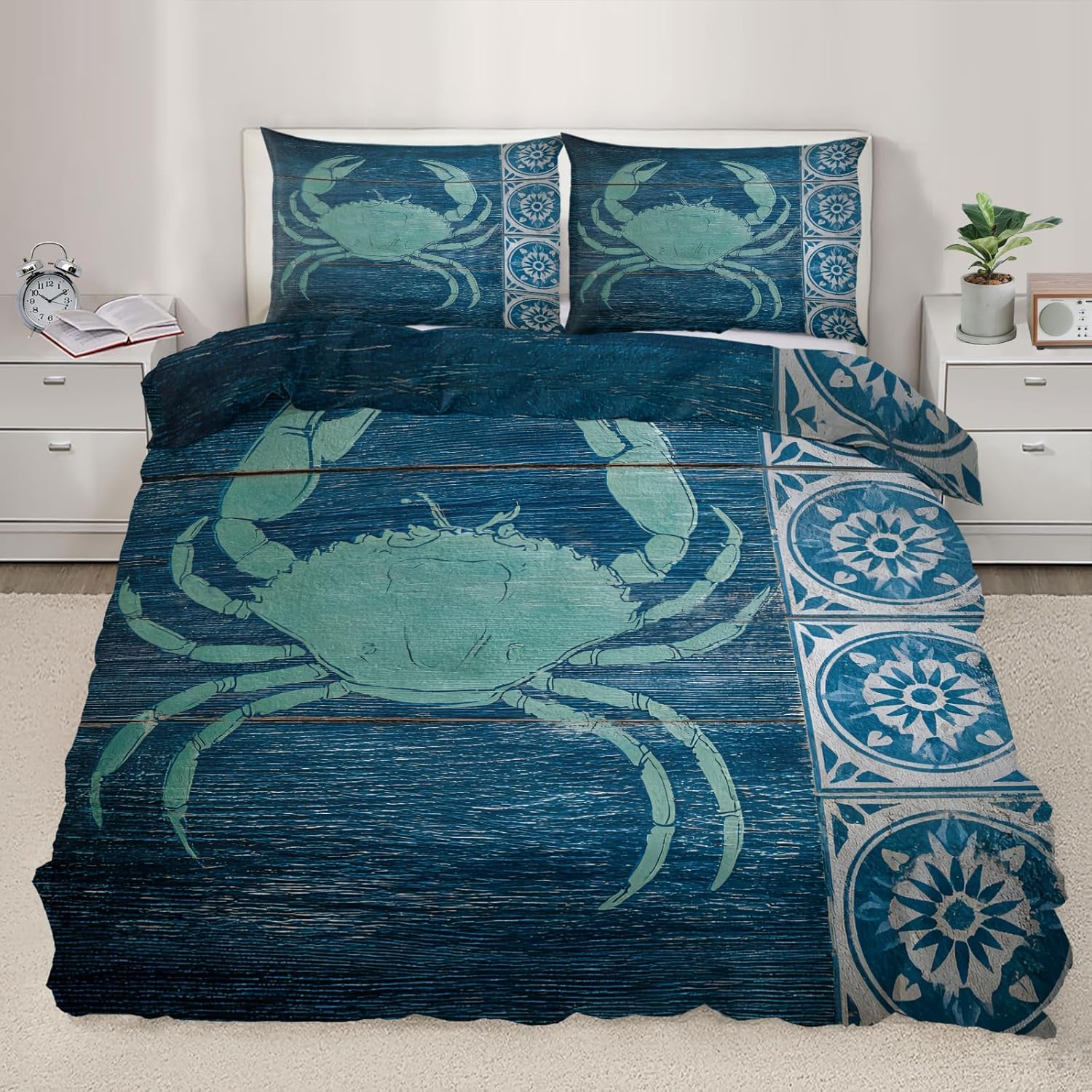 NDXRWDZR Double Duvet Cover Set Blue Crab Duvet Cover with Zipper Closure Bedding for Aldults Kids Soft Hypoallergenic Microfiber Quilt Cover 200x200 cm + 2 Pillowcases 50x75 cm